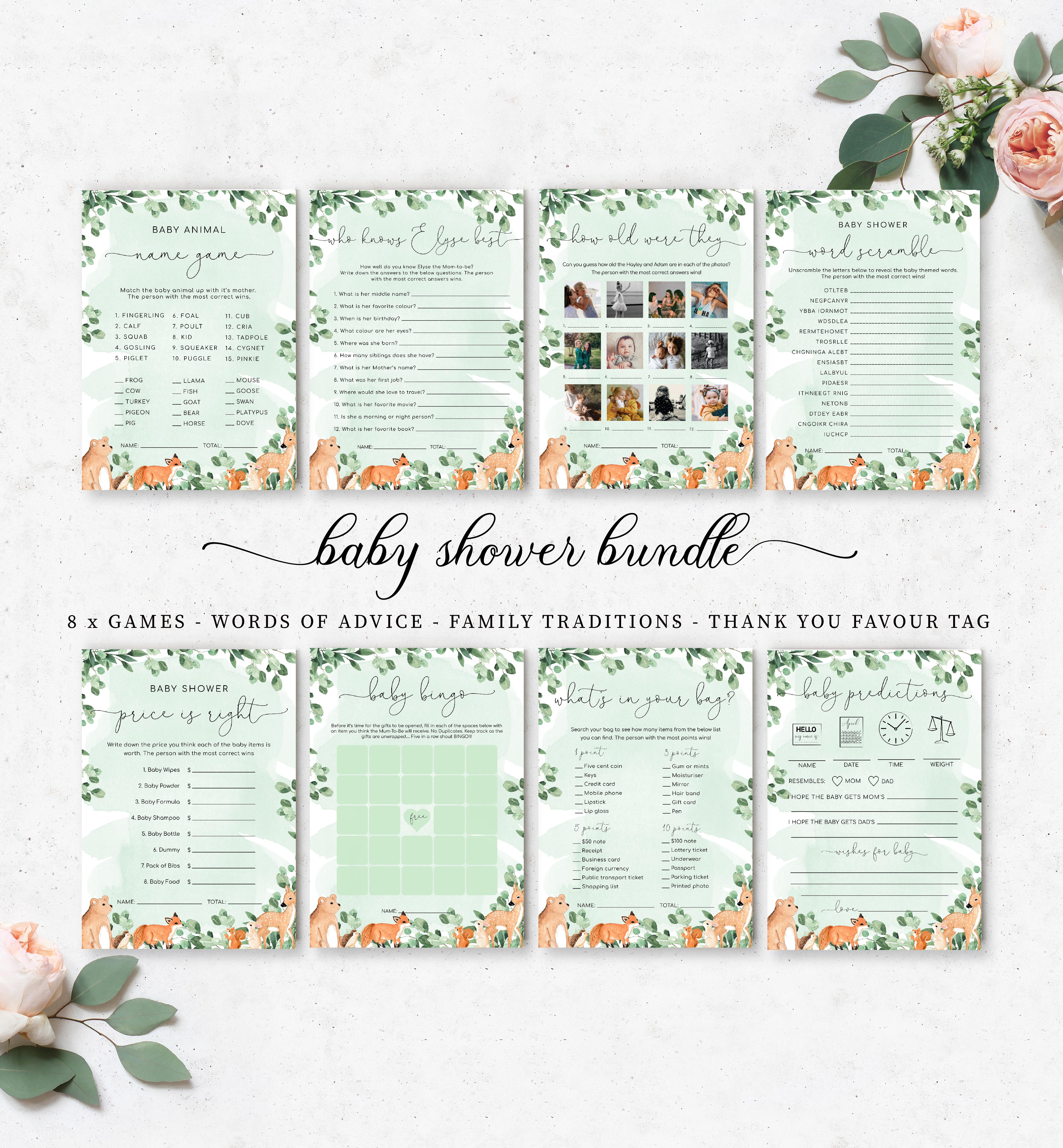 WOD-GRE-10-B1923 - WOODLAND - GREEN - BABY SHOWER GAMES BUNDLE design preview