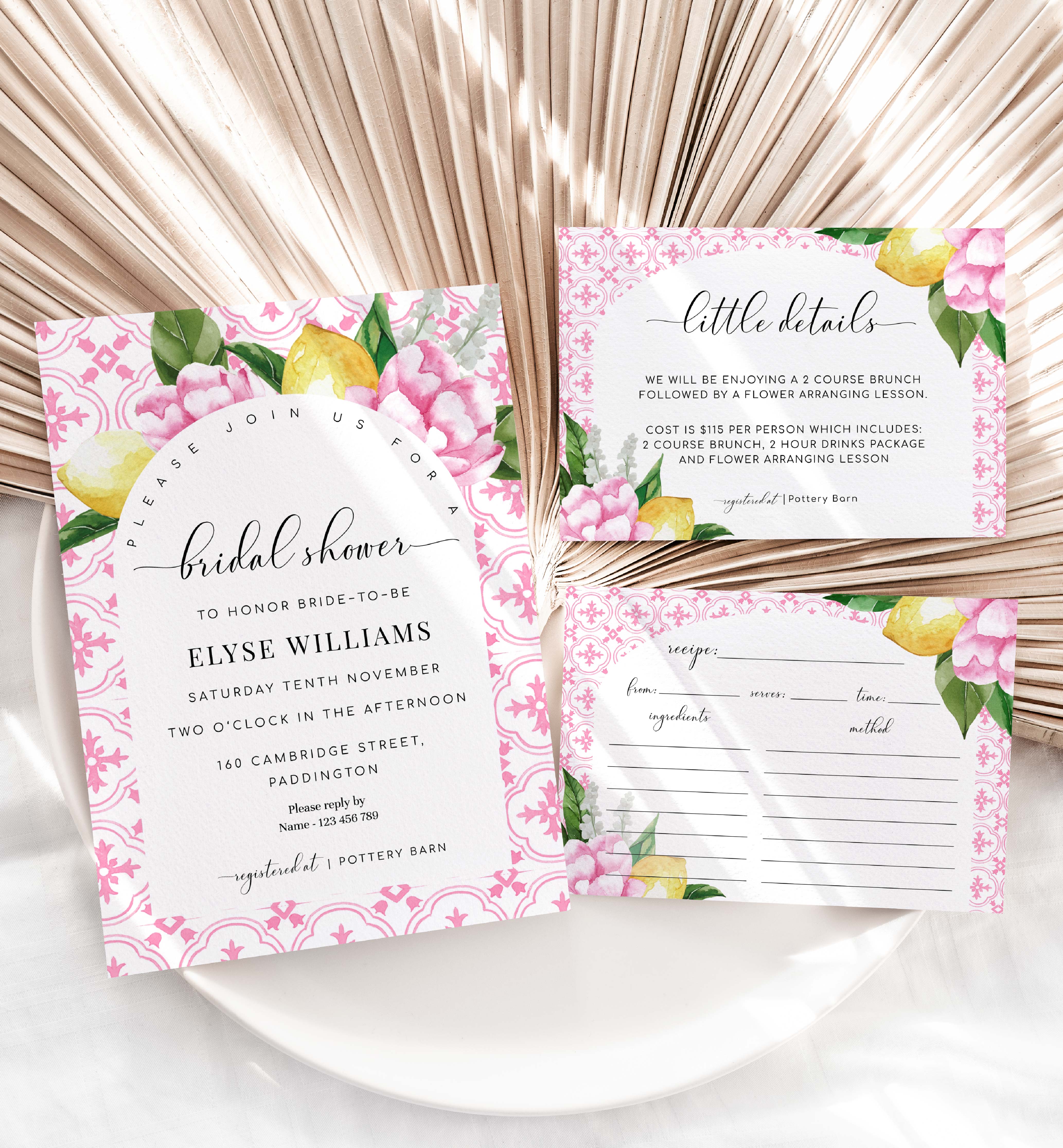 MED-PNK-1-B1968 - THE MED - PINK LEMONS - BRIDAL SHOWER INVITATION SUITE - ARCH design preview