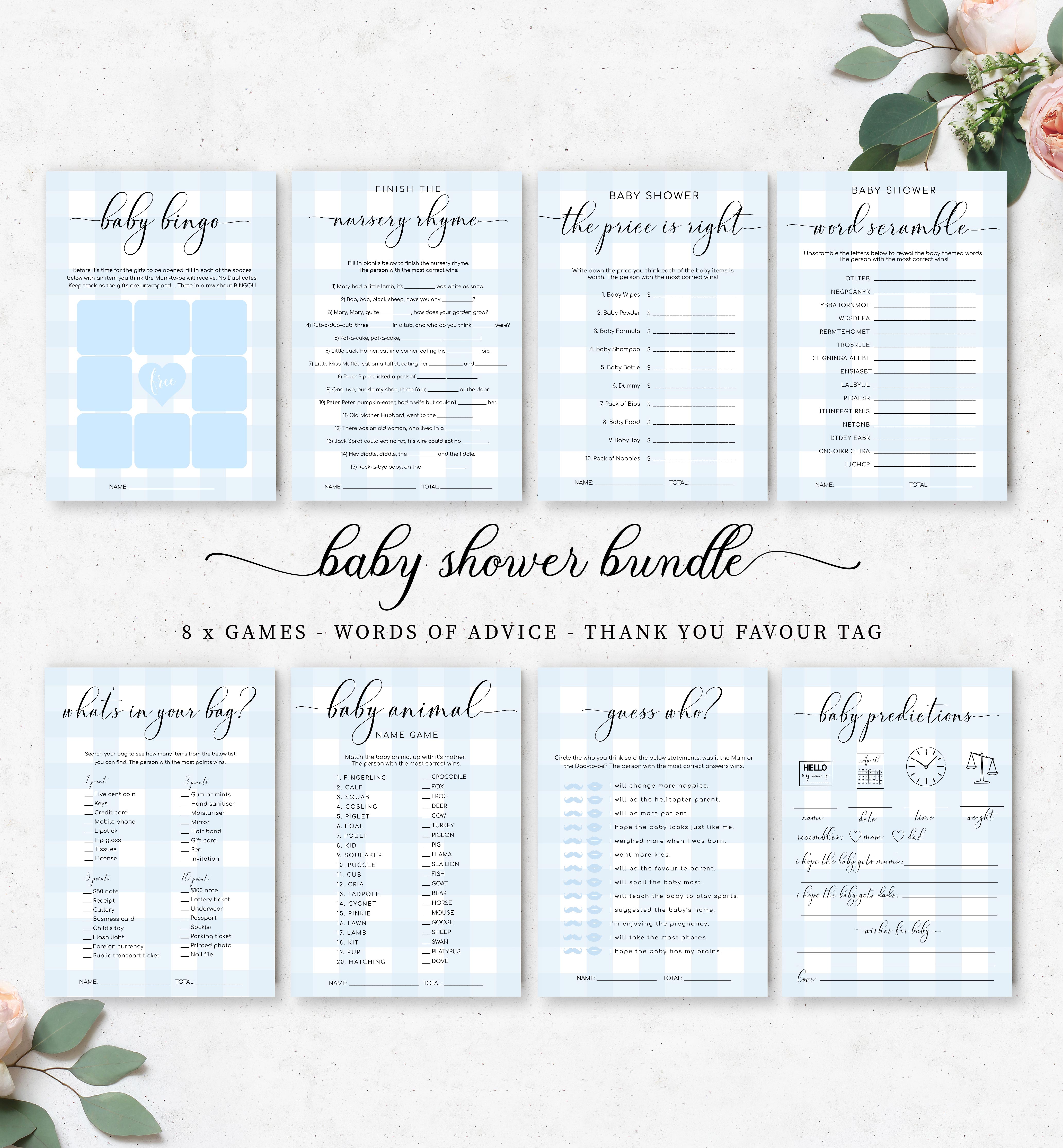 GIN-BLU-10-B1416 - GINGHAM - BLUE - BABY SHOWER GAMES BUNDLE design preview
