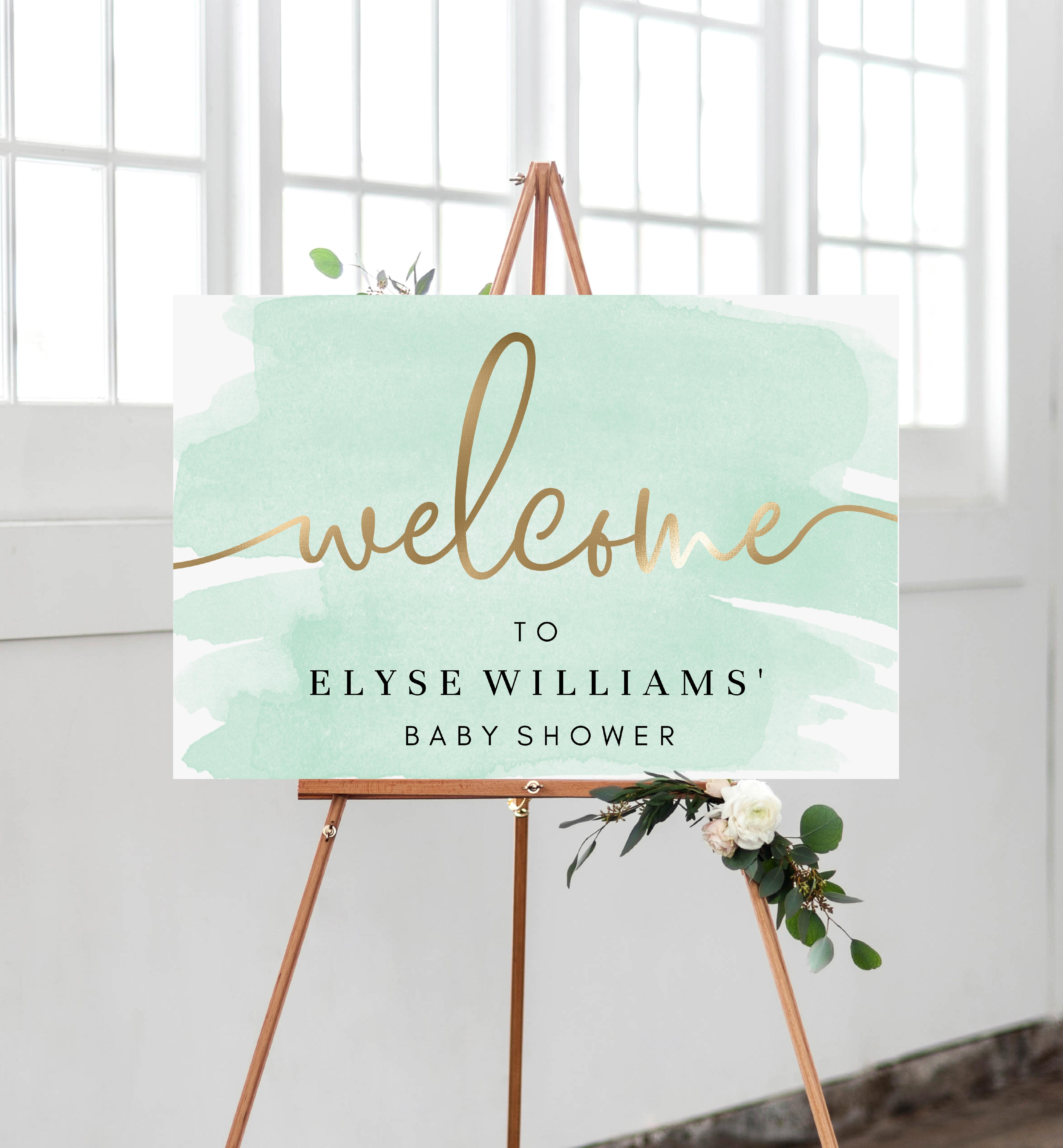 WAT-GRE-3-B005 - WATERCOLOUR GREEN - GOLD FOIL - WELCOME SIGN design preview