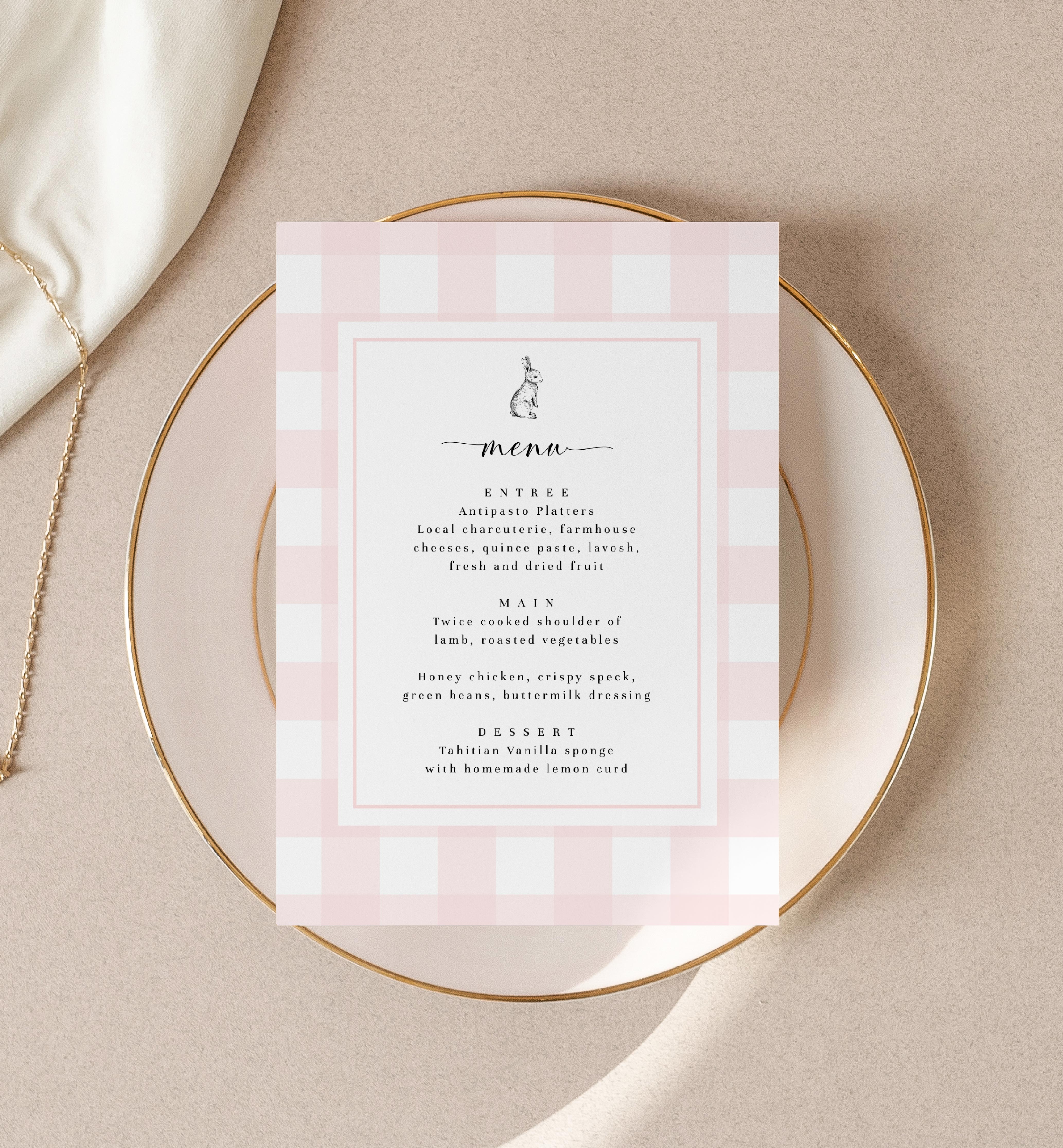 GIN-PNK-12-B1463 - GINGHAM BUNNY- PINK - MENU design preview