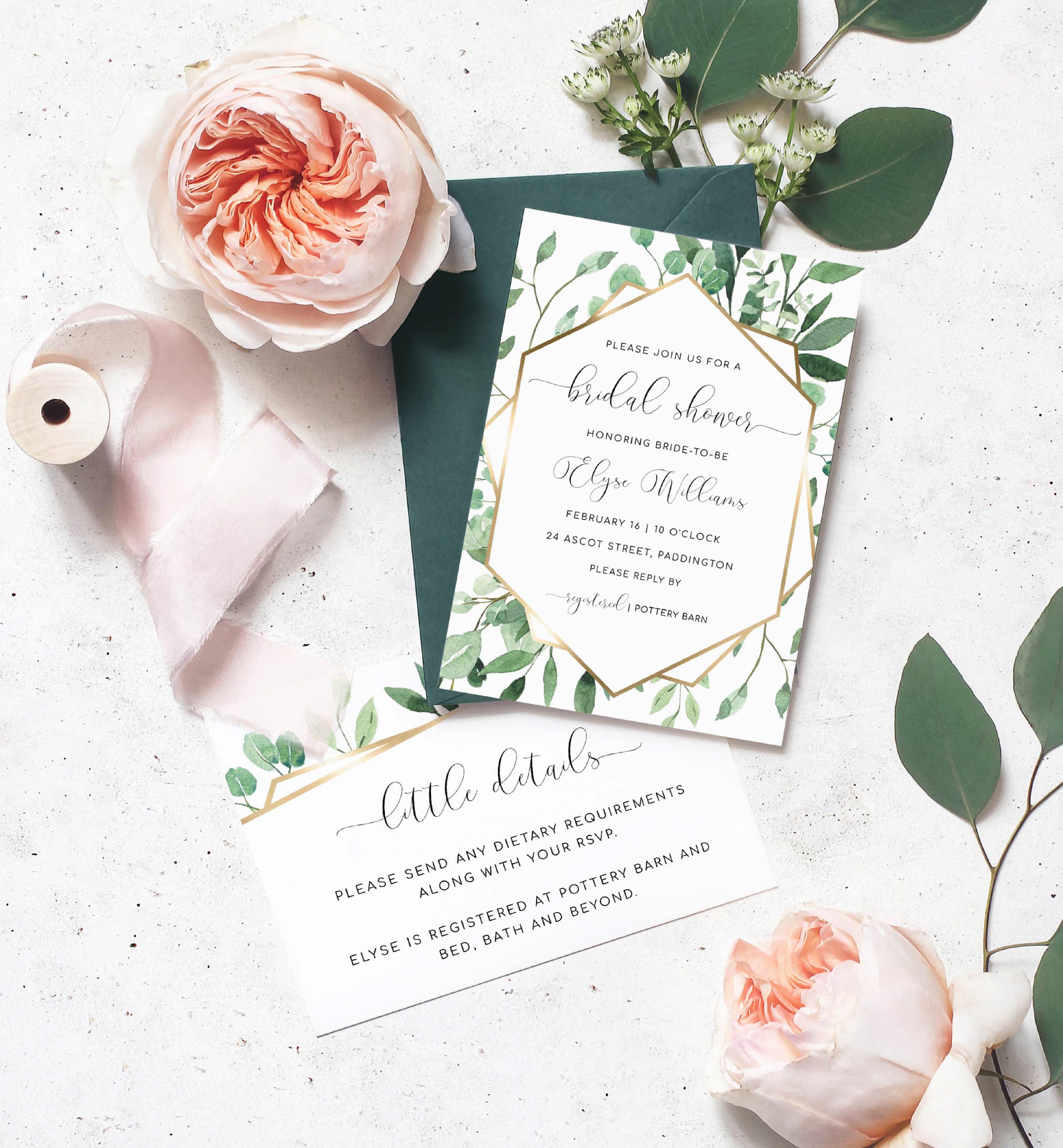 EVE-GRE-1-B627 - EVERLY - GREEN - BRIDAL SHOWER INVITATION SUITE design preview