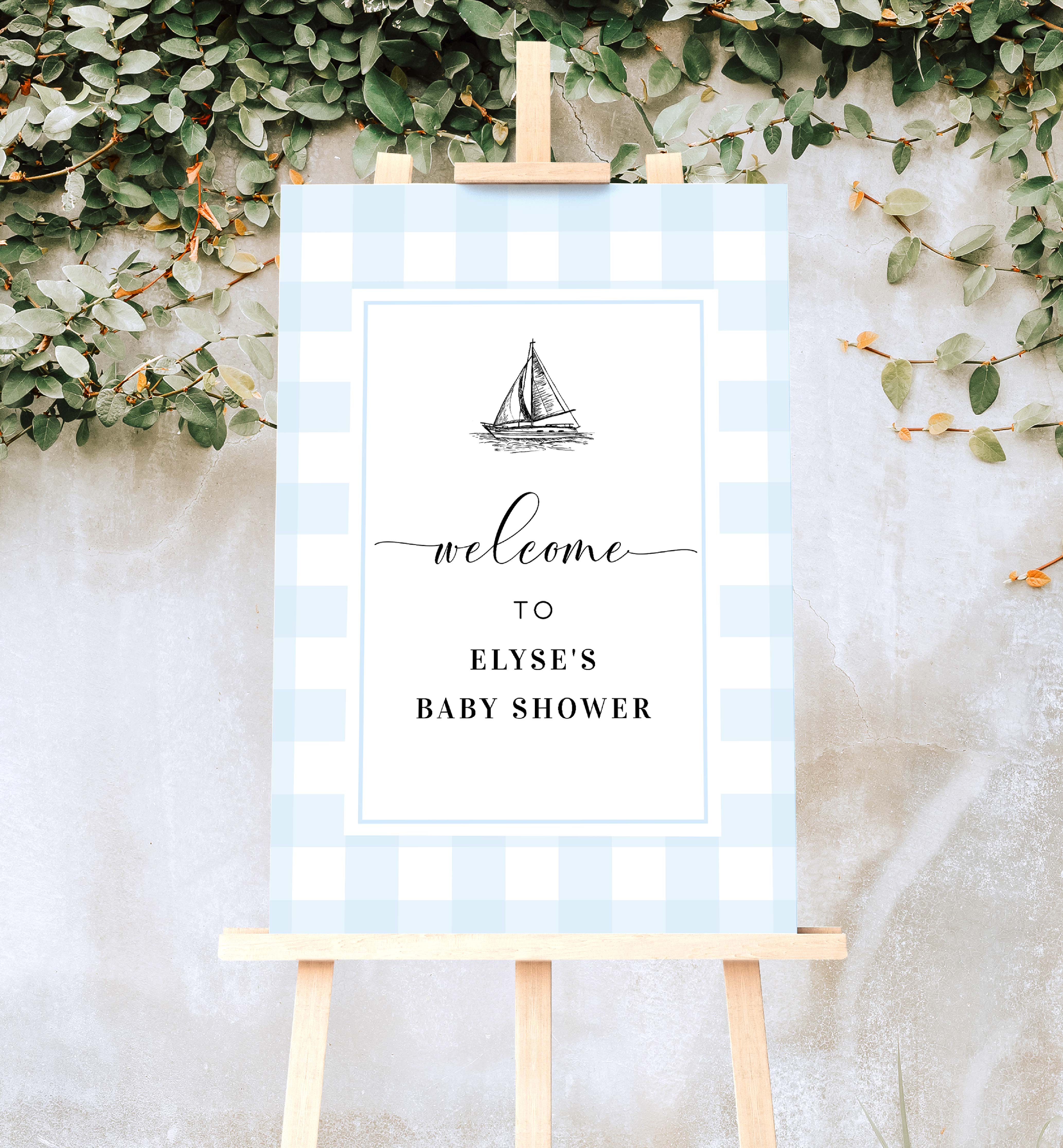 GIN-BLU-3-B2686 - GINGHAM - BLUE SAILING BOAT - WELCOME SIGN design preview