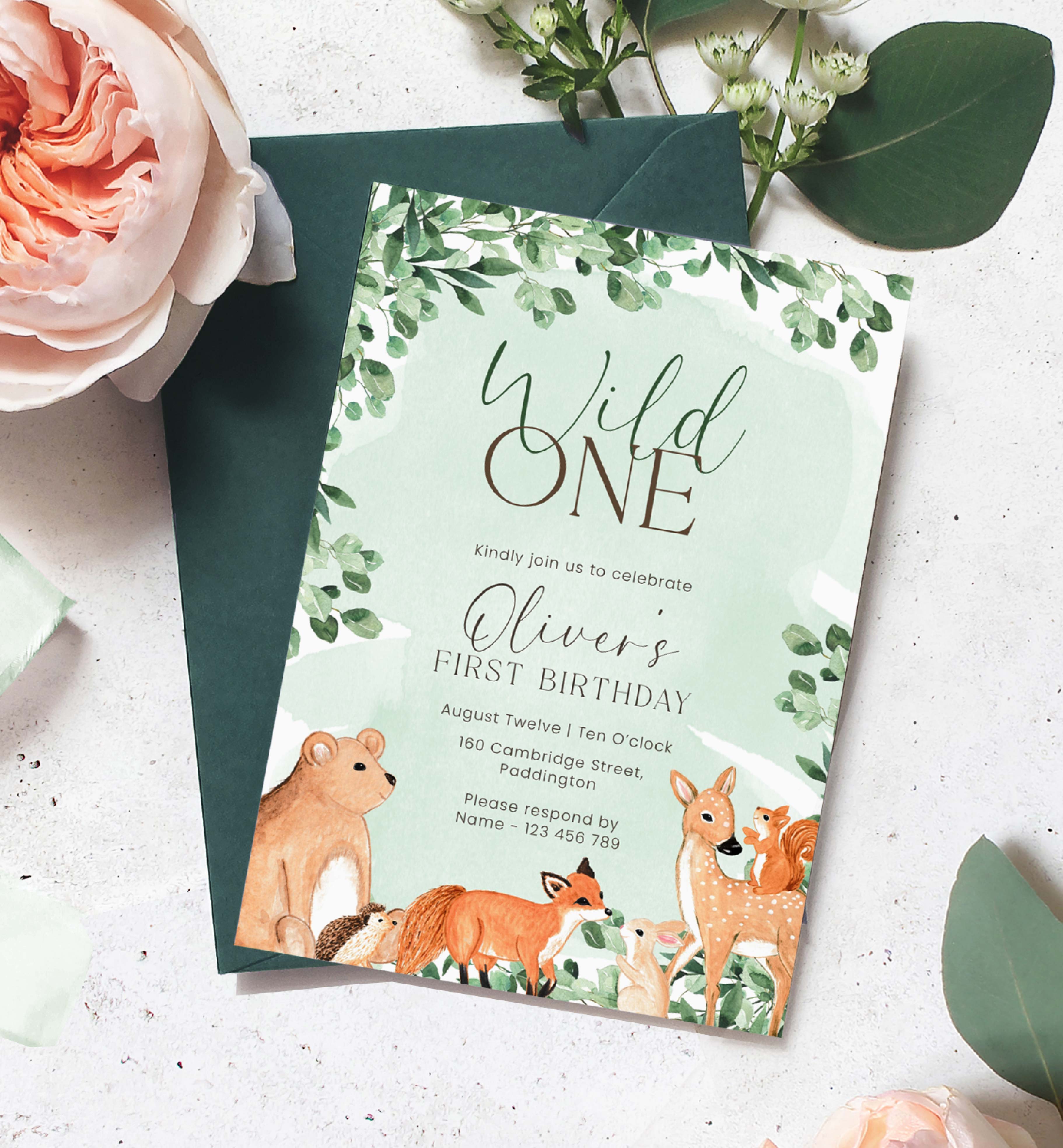 WOD-GRE-1-B1910 - WOODLAND - GREEN - BIRTHDAY INVITATION design preview