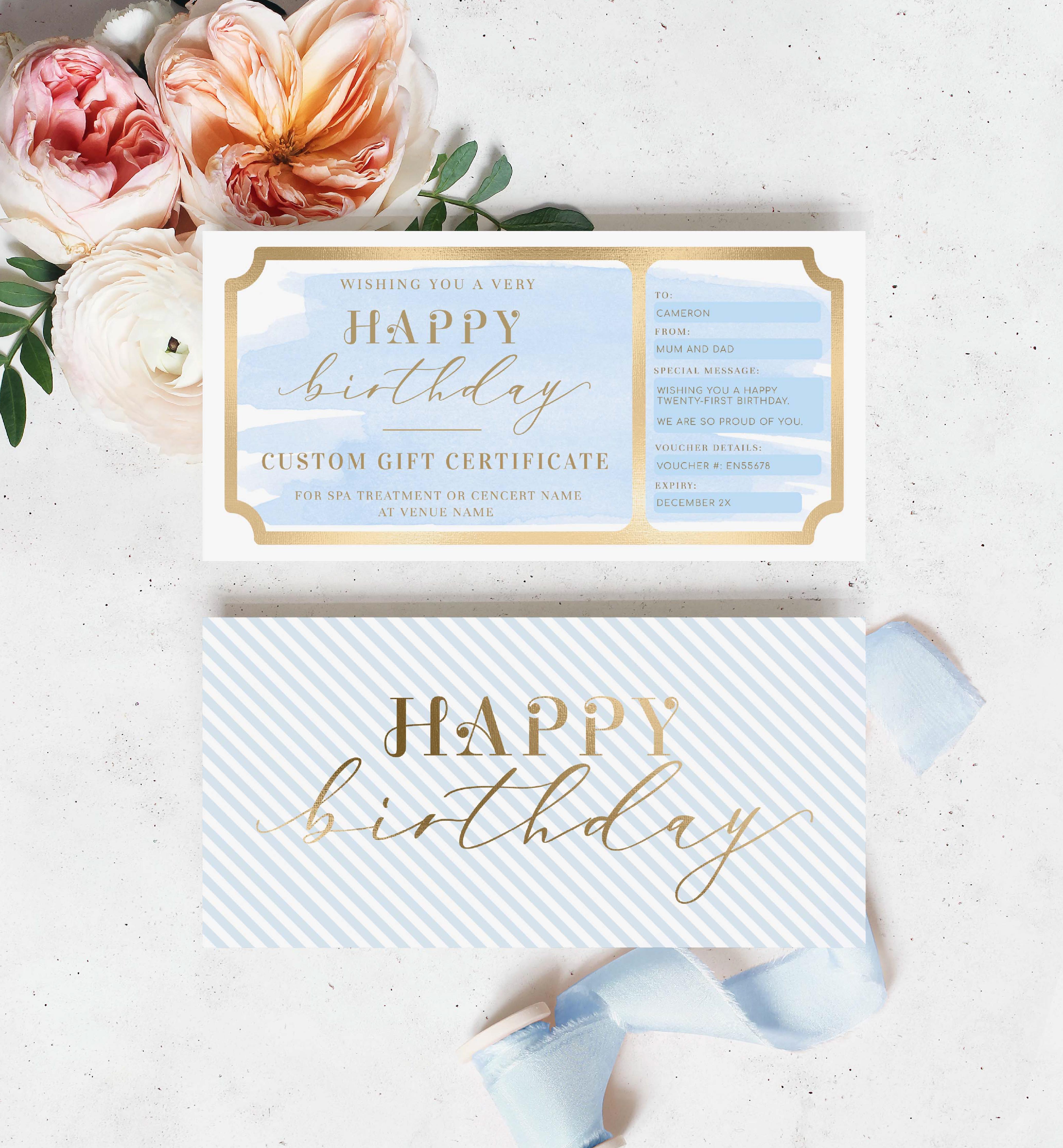 WAT-BLU-14-B1777 - WATERCOLOUR BLUE - GOLD - BIRTHDAY GIFT CERTIFICATE design preview