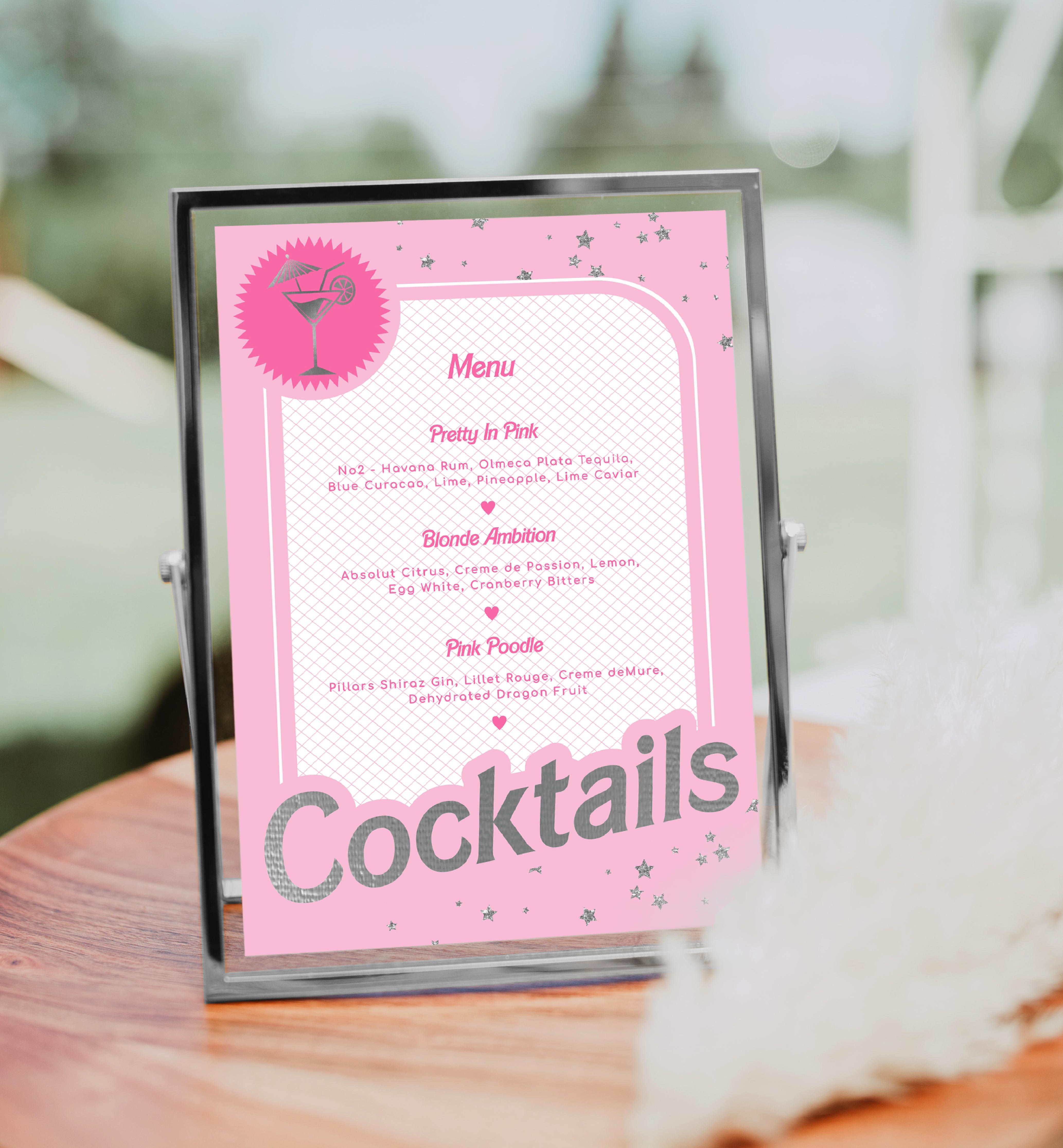 BAR-PNK-7-B2529 - BARBIE PARTY - PINK SILVER - COCKTAIL MENU design preview