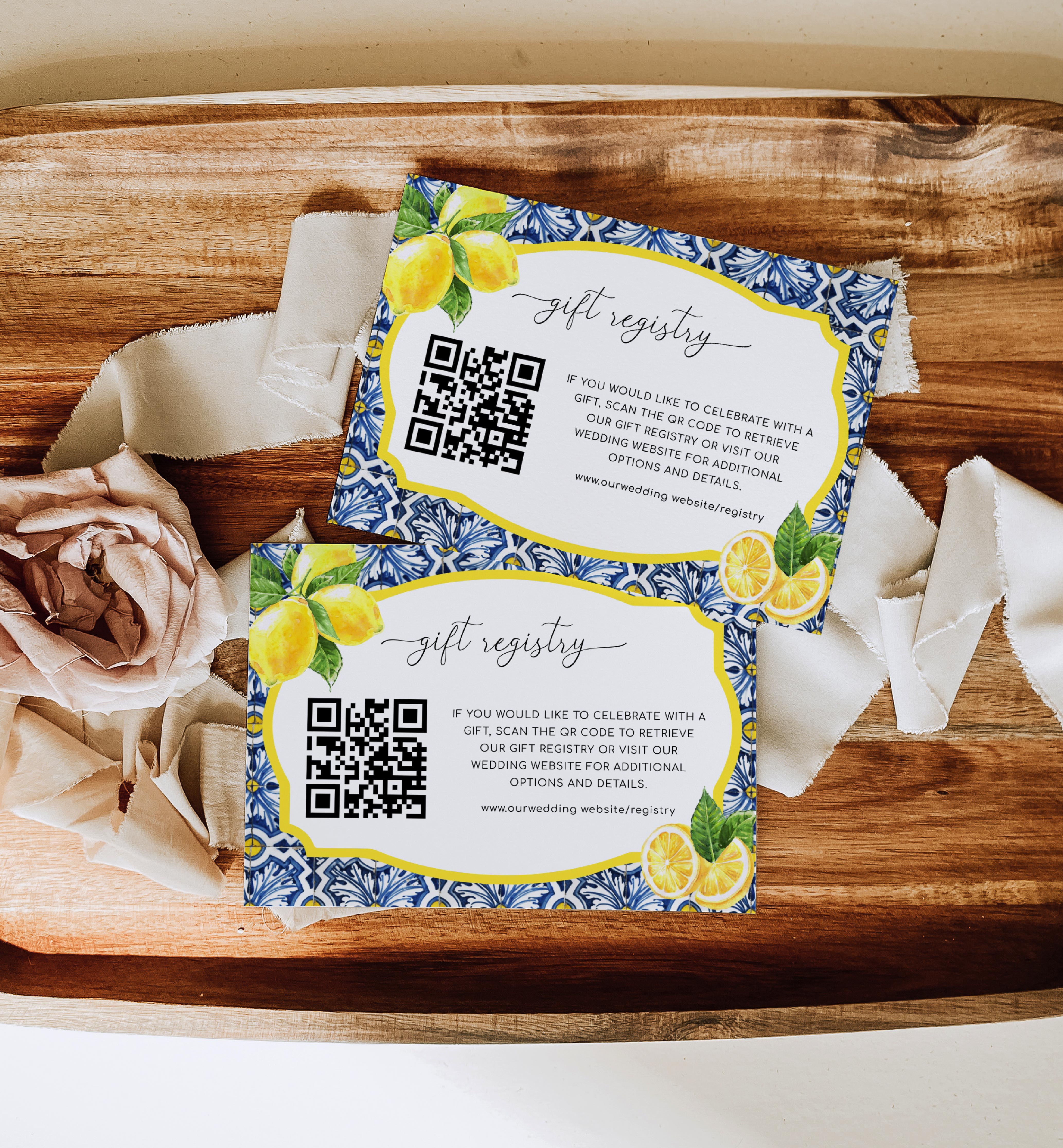 POS-BLY-2-B2585 - POSITANO BLUE TILE - LEMON - GIFT REGISTRY QR CODE CARD design preview
