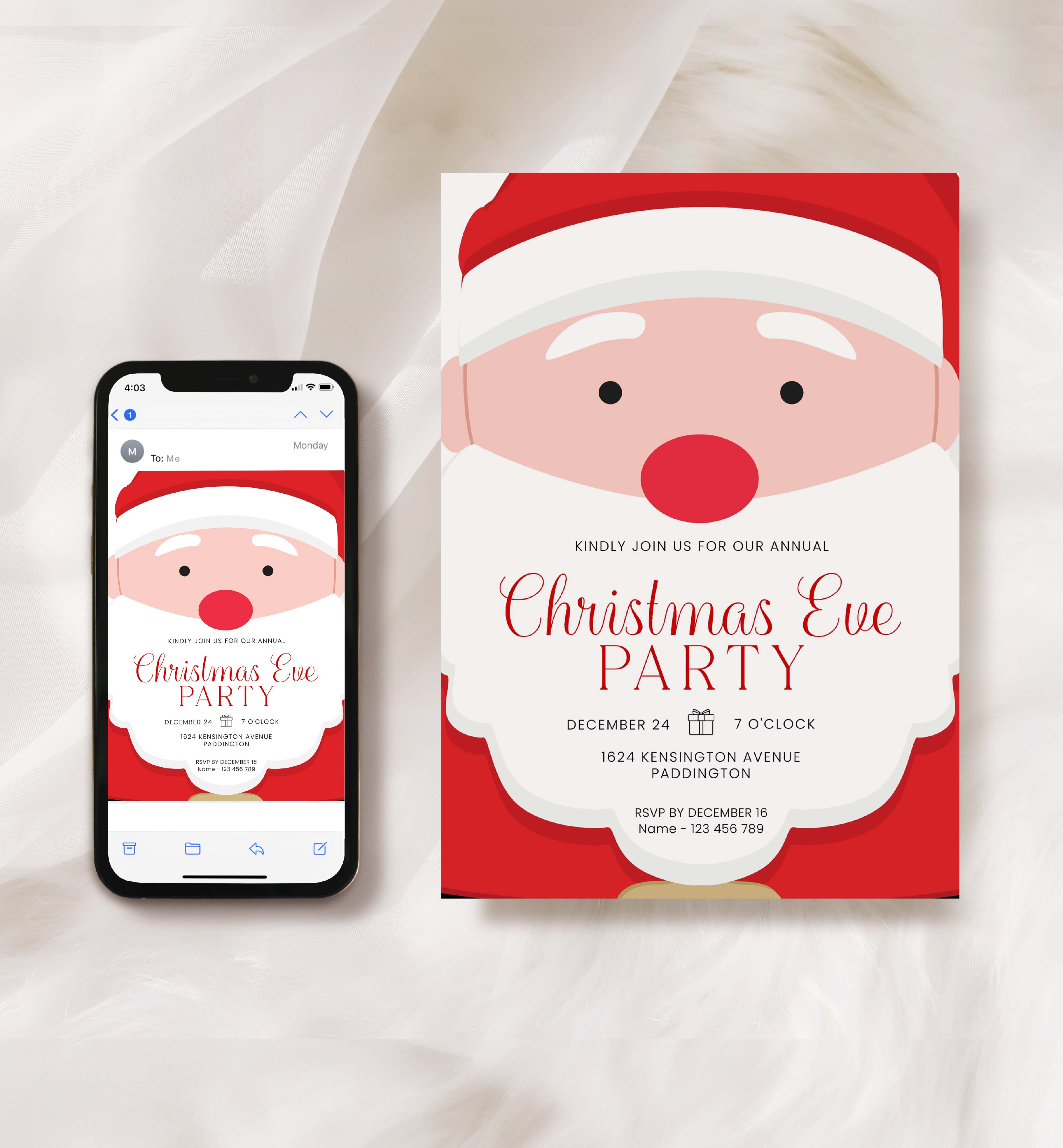 SAN-RED-1-B3453 - SANTA - RED - CHRISTMAS PARTY INVITATION design preview