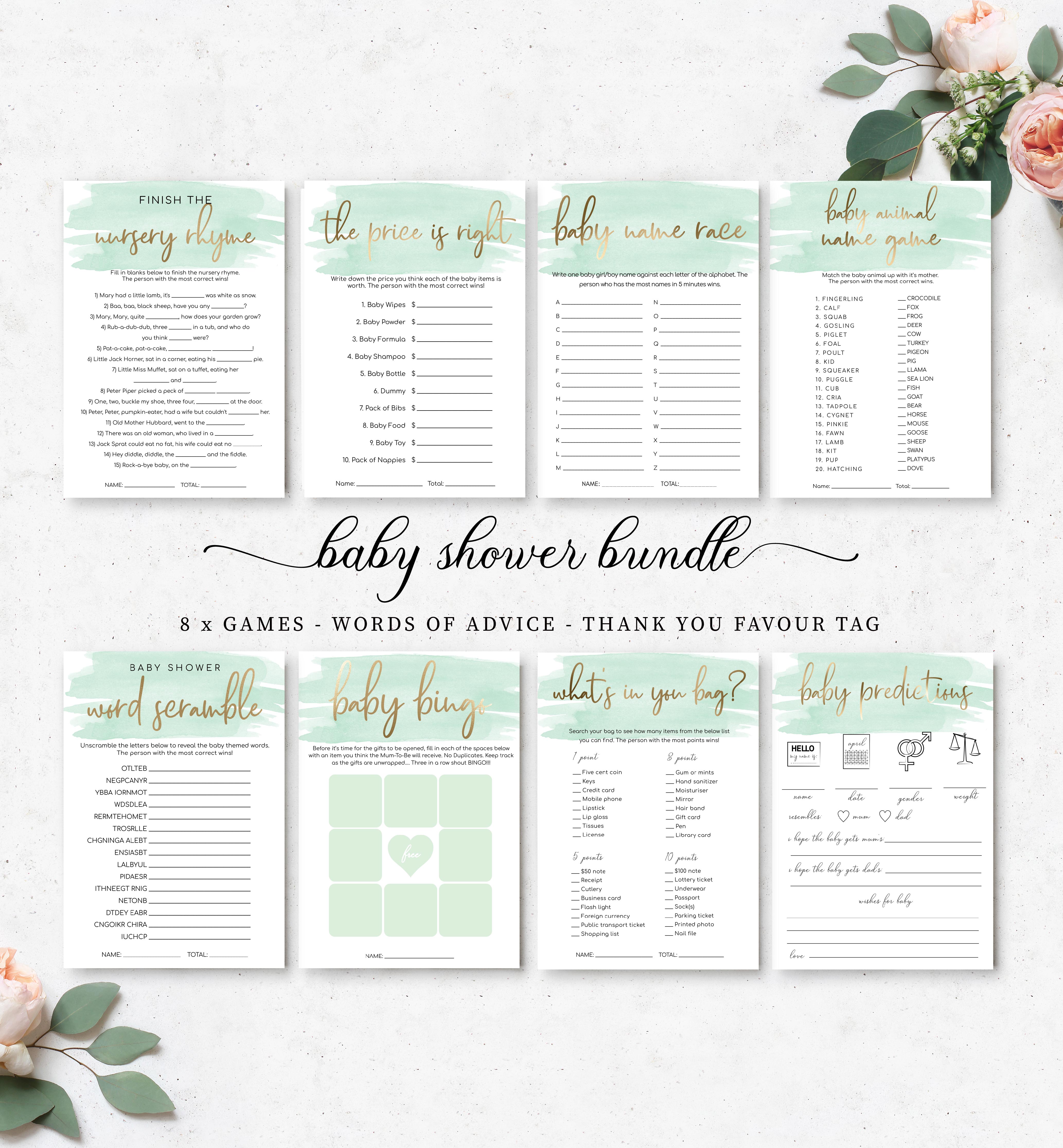 WAT-GRE-10-B598 - WATERCOLOUR GREEN - GOLD - BABY SHOWER GAMES BUNDLE design preview