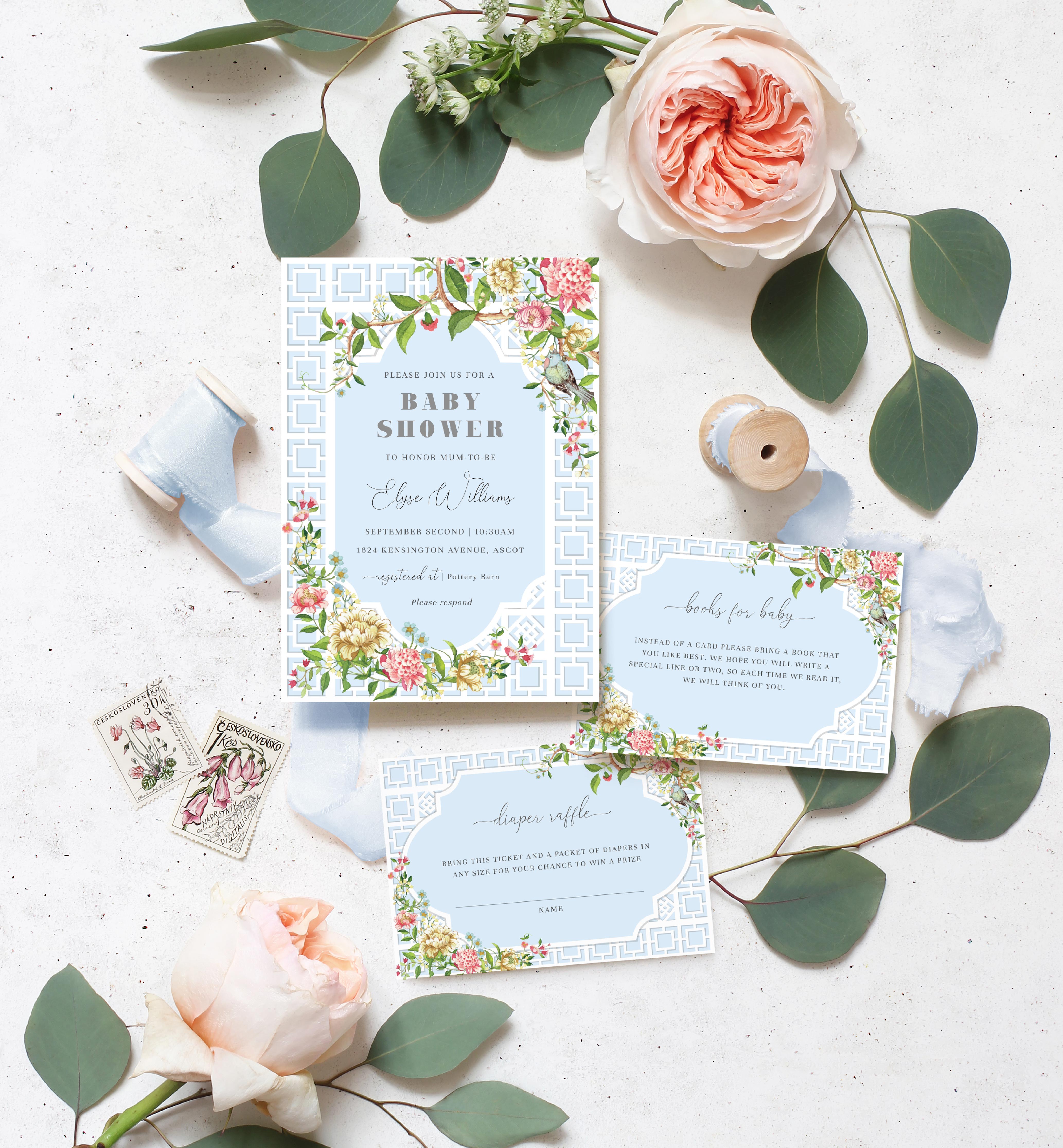 TRI-BLU-1-B1499 - TRIANON - BLUE - BABY SHOWER INVITATION SUITE design preview