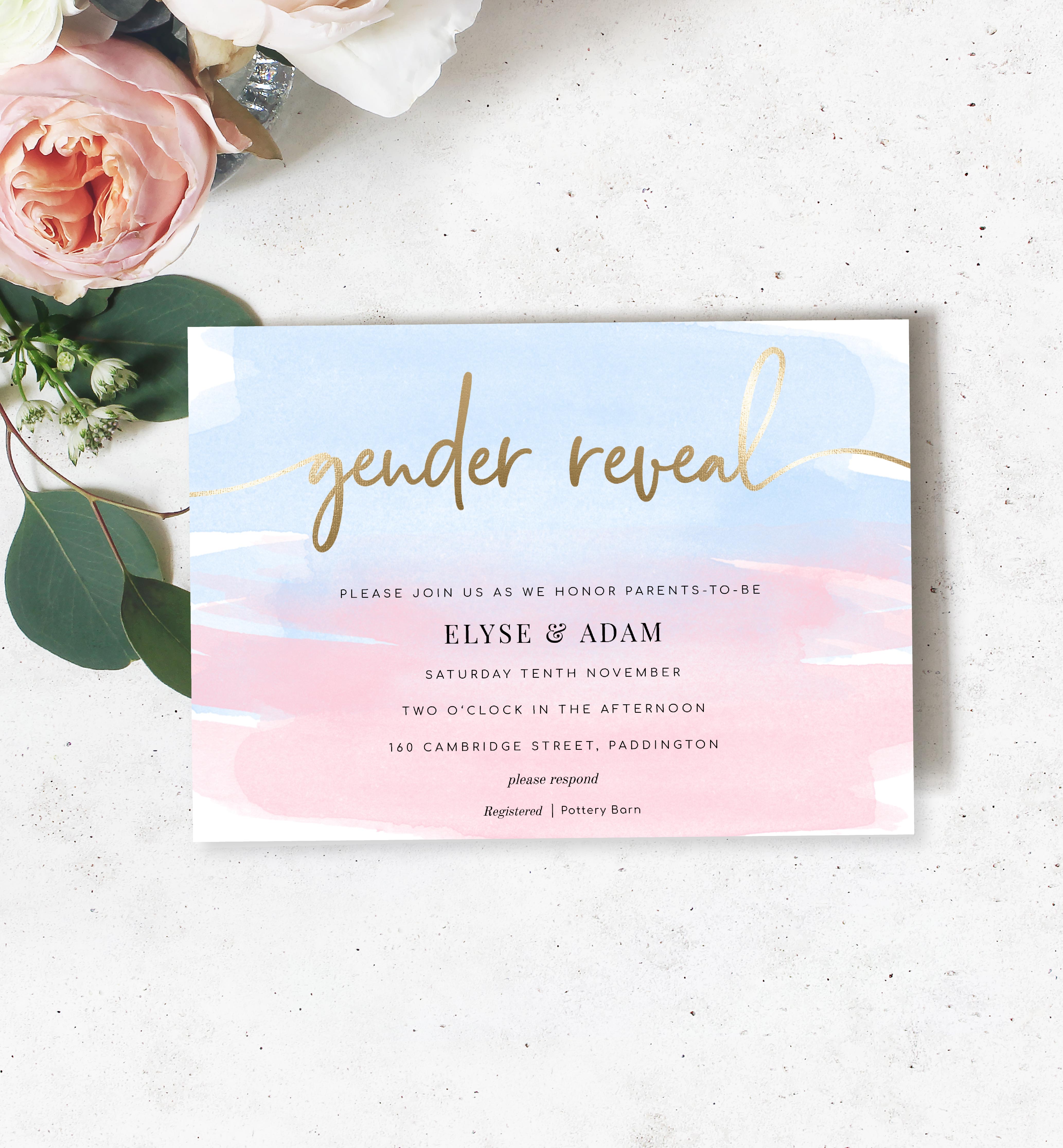 WAT-PNB-1-B436 - WATERCOLOUR PINK BLUE - GOLD FOIL - GENDER REVEAL INVITATION design preview