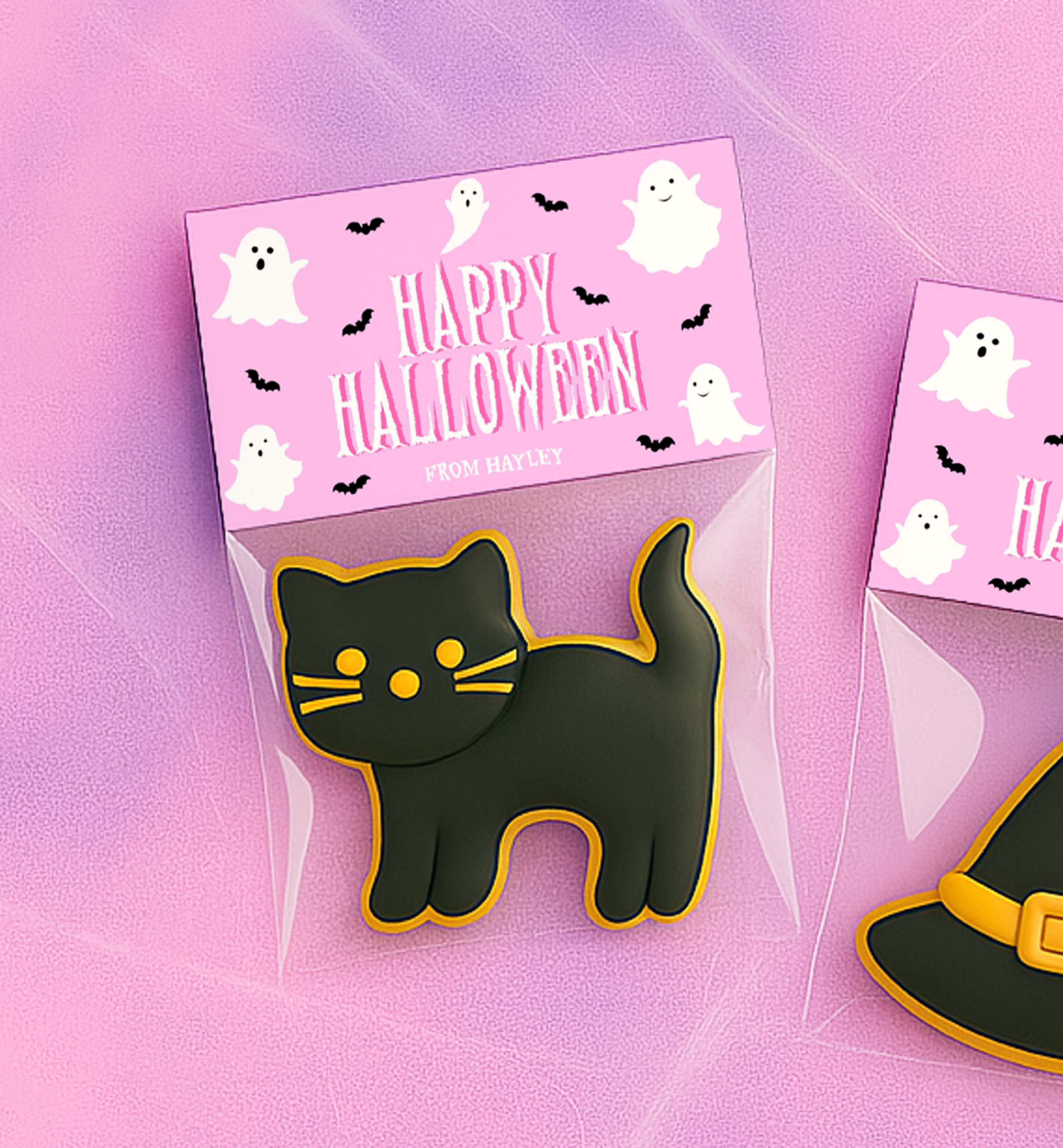 HAL-PNK-6-B3683 - HALLOWEEN - PINK - GHOST HAPPY HALLOWEEN BAG TOPPER design preview