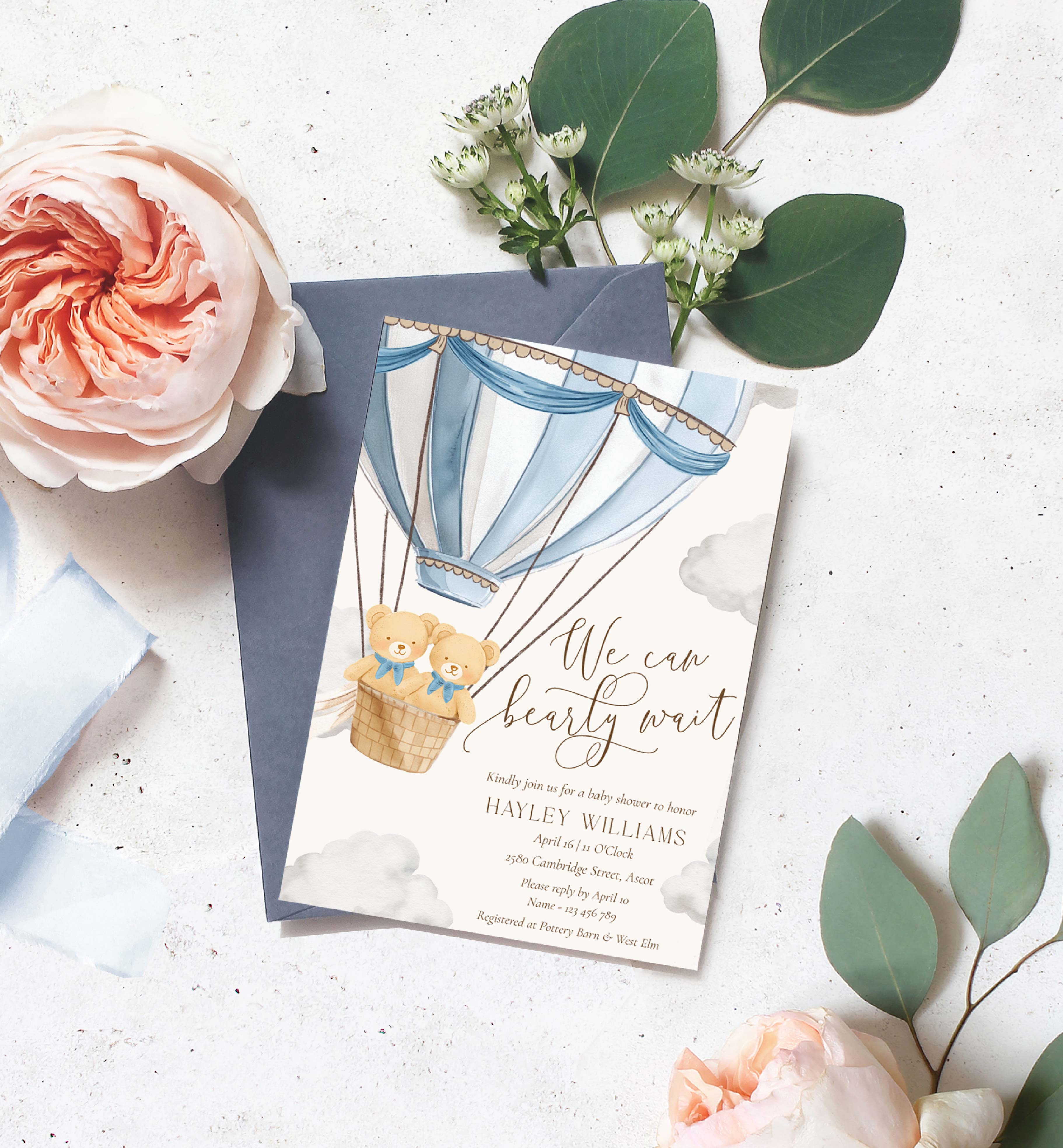 BER-BLU-1-B3762 - BEARLY WAIT - BLUE - TWINS BABY SHOWER INVITATION design preview