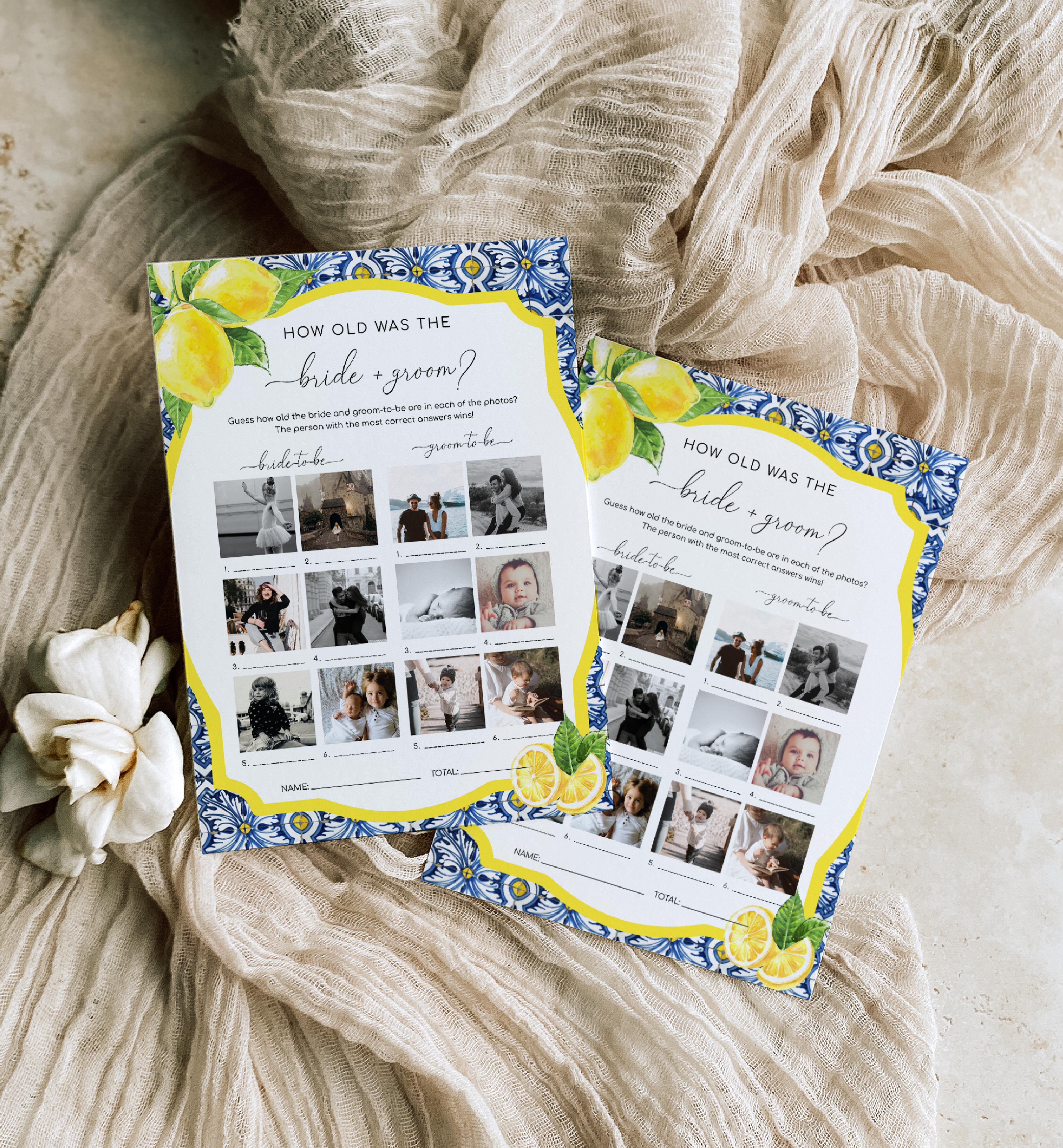 POS-BLY-10-B2316 - POSITANO BLUE TILE - LEMONS - HOW OLD WERE THE BRIDE AND GROOM PHOTO GAME design preview