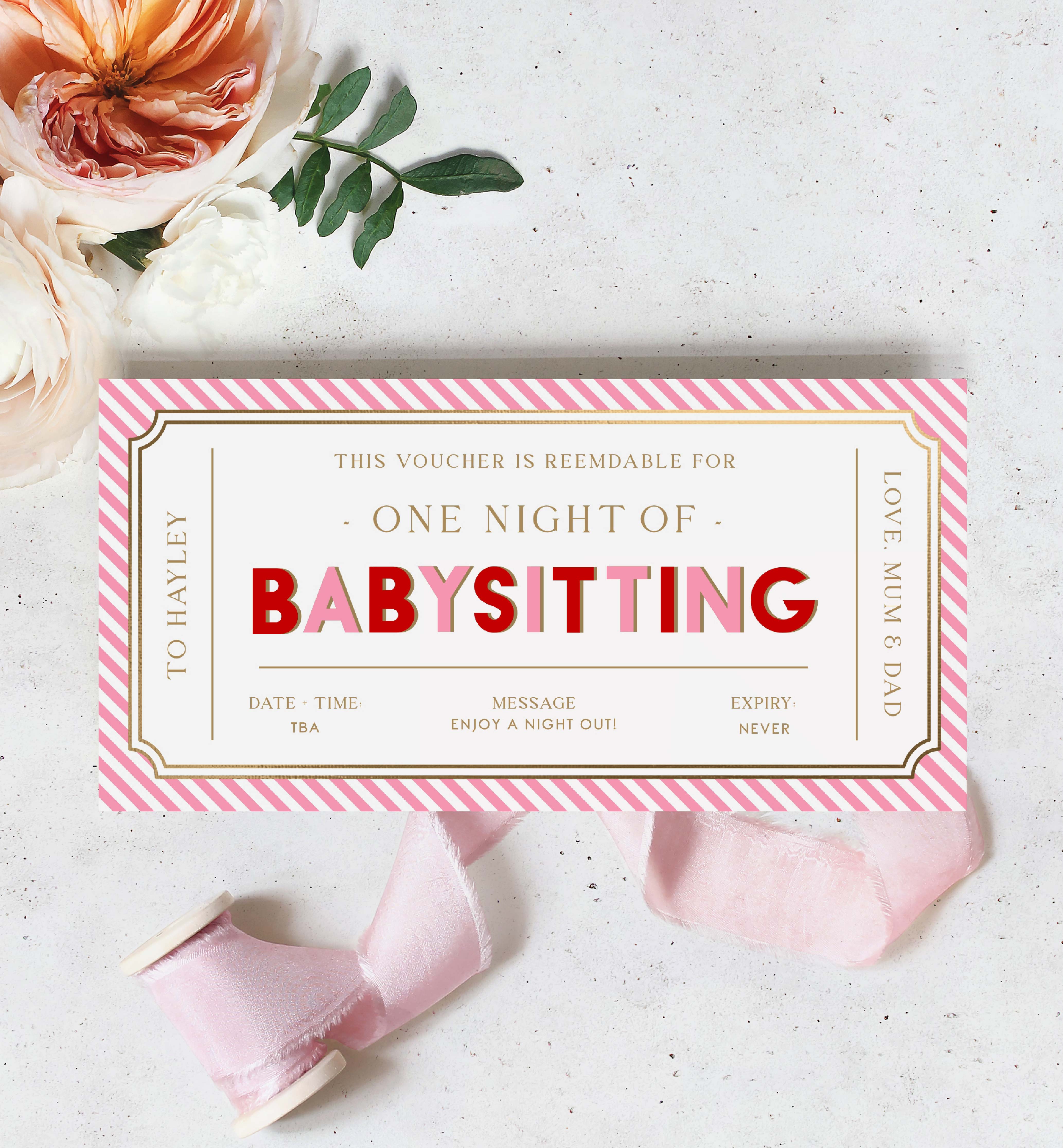 STR-PKR-14-B3013 - STRIPE - PINK RED - BABYSITTING GIFT CERTIFICATE design preview