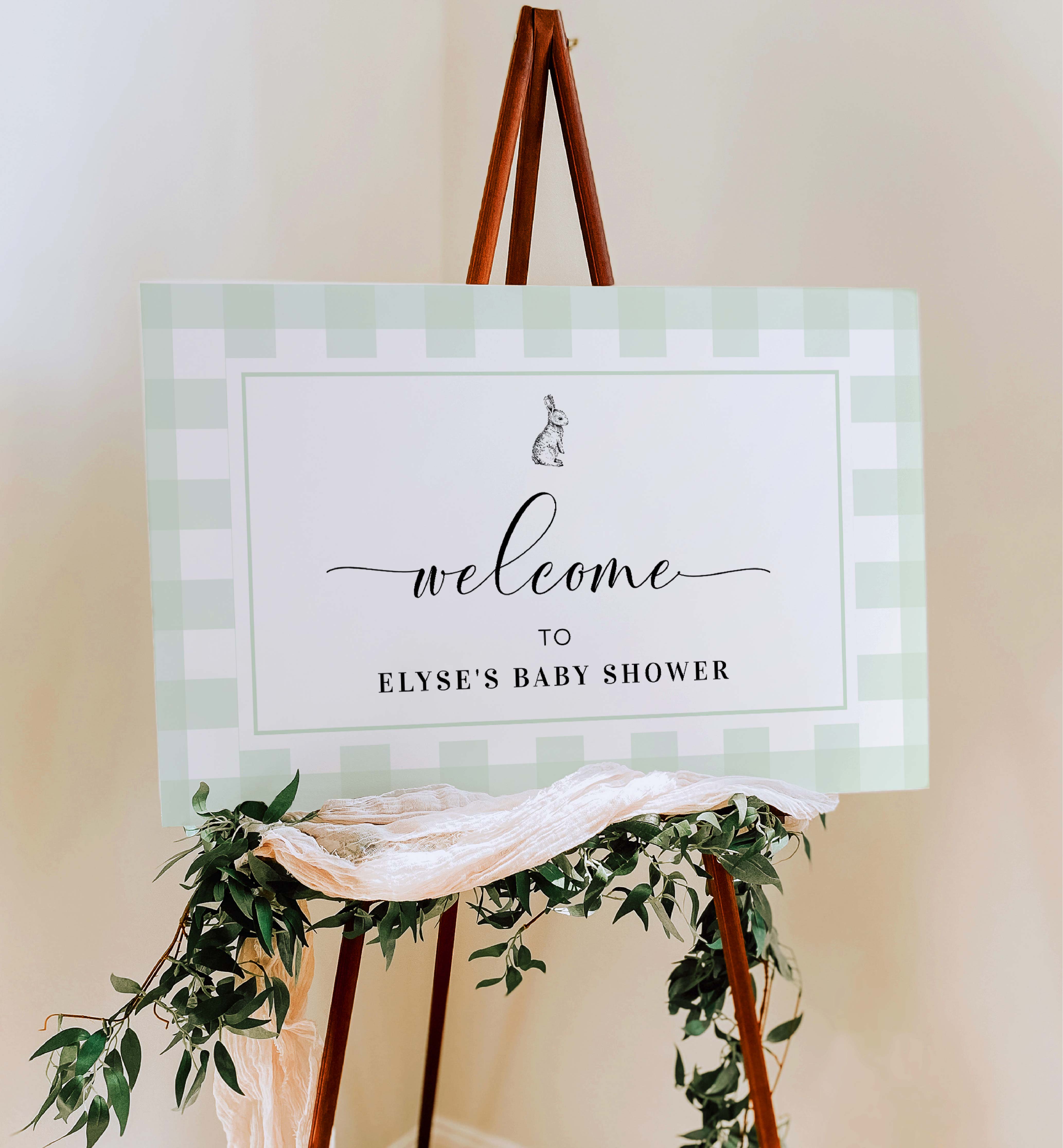 GIN-GRE-3-B578 - GINGHAM BUNNY - GREEN - WELCOME SIGN design preview