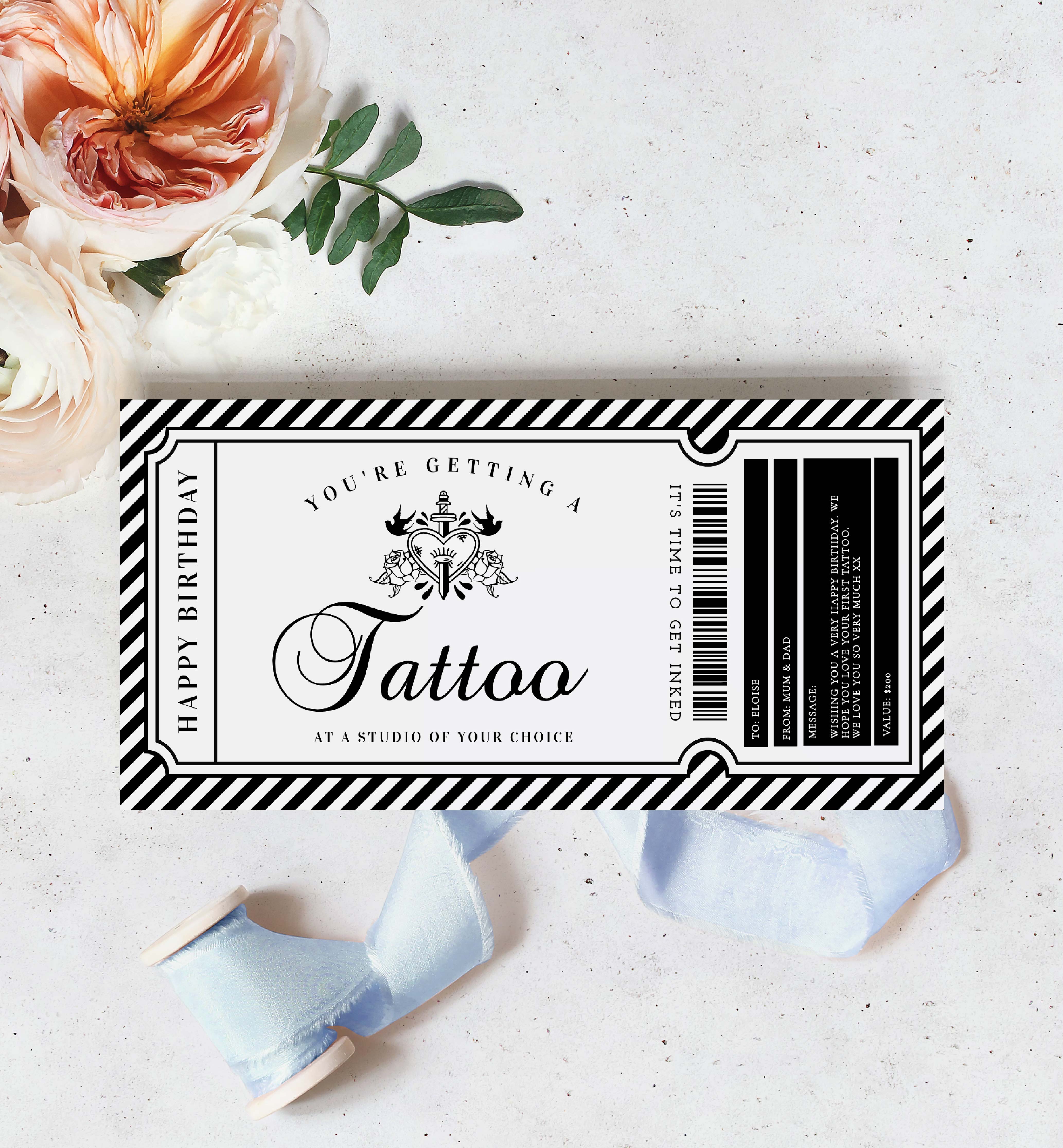 STR-BLK-14-B2844 - STRIPE - BLACK - TATTOO GIFT CERTIFICATE design preview