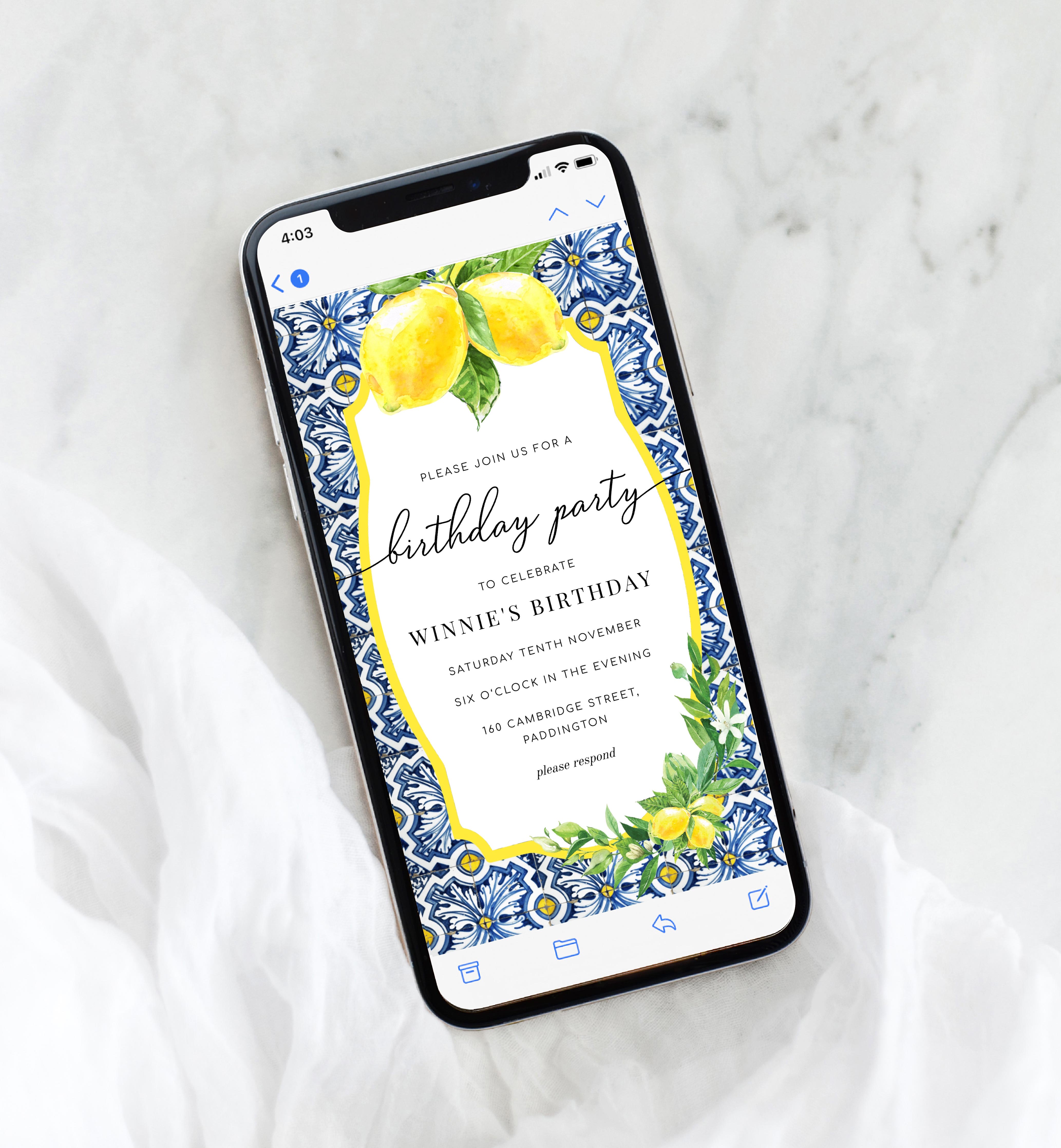 POS-BLY-16-B1868 - POSITANO BLUE TILE - LEMONS - BIRTHDAY SMARTPHONE INVITATION design preview