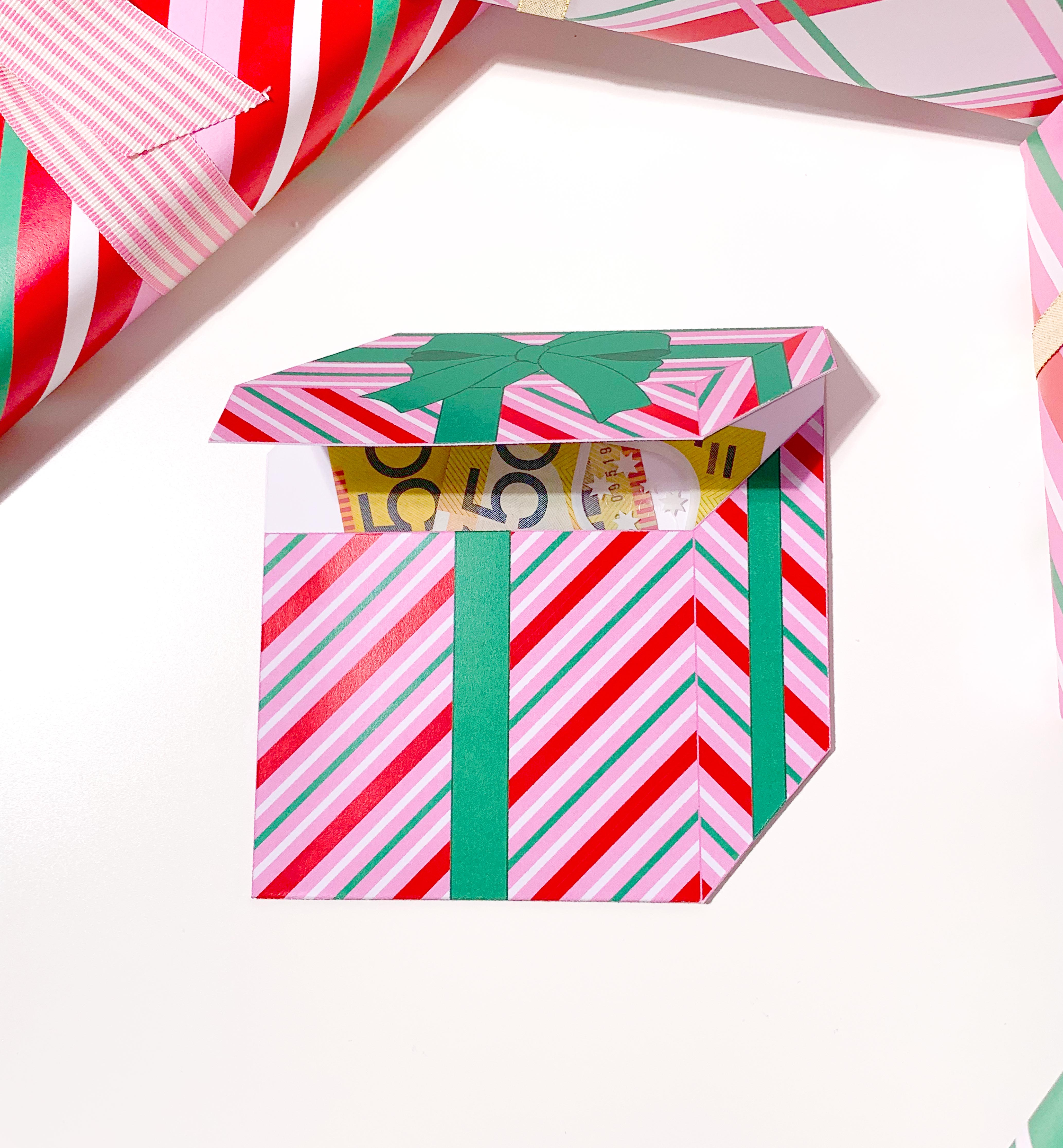 STR-PRG-14-B2430 - STRIPE - PINK RED GREEN - PRESENT BOX MONEY WALLET design preview