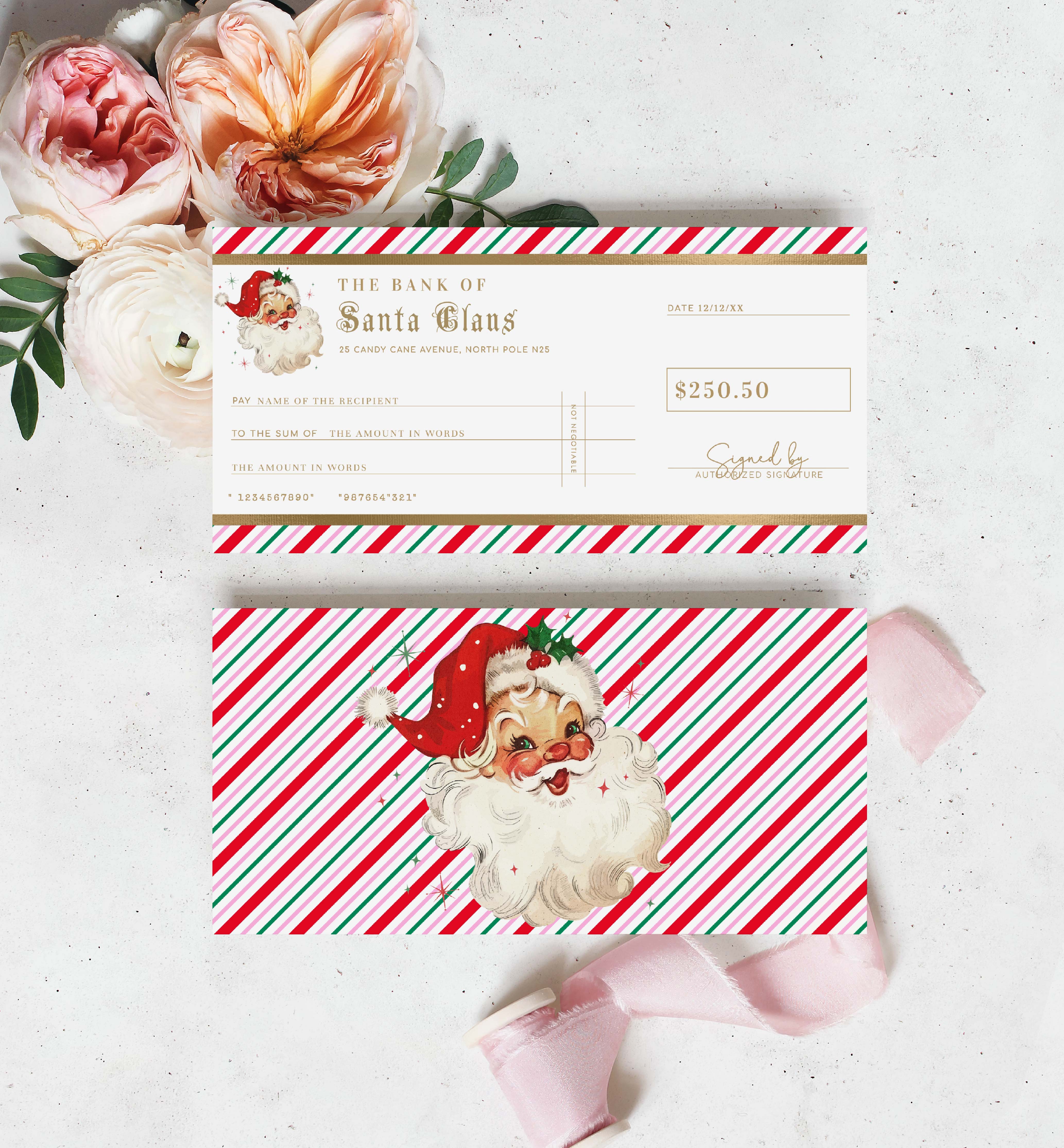 STR-PMT-14-B2851 - STRIPE - PINK MULTI - CHRISTMAS SANTA CHEQUE CERTIFICATE design preview