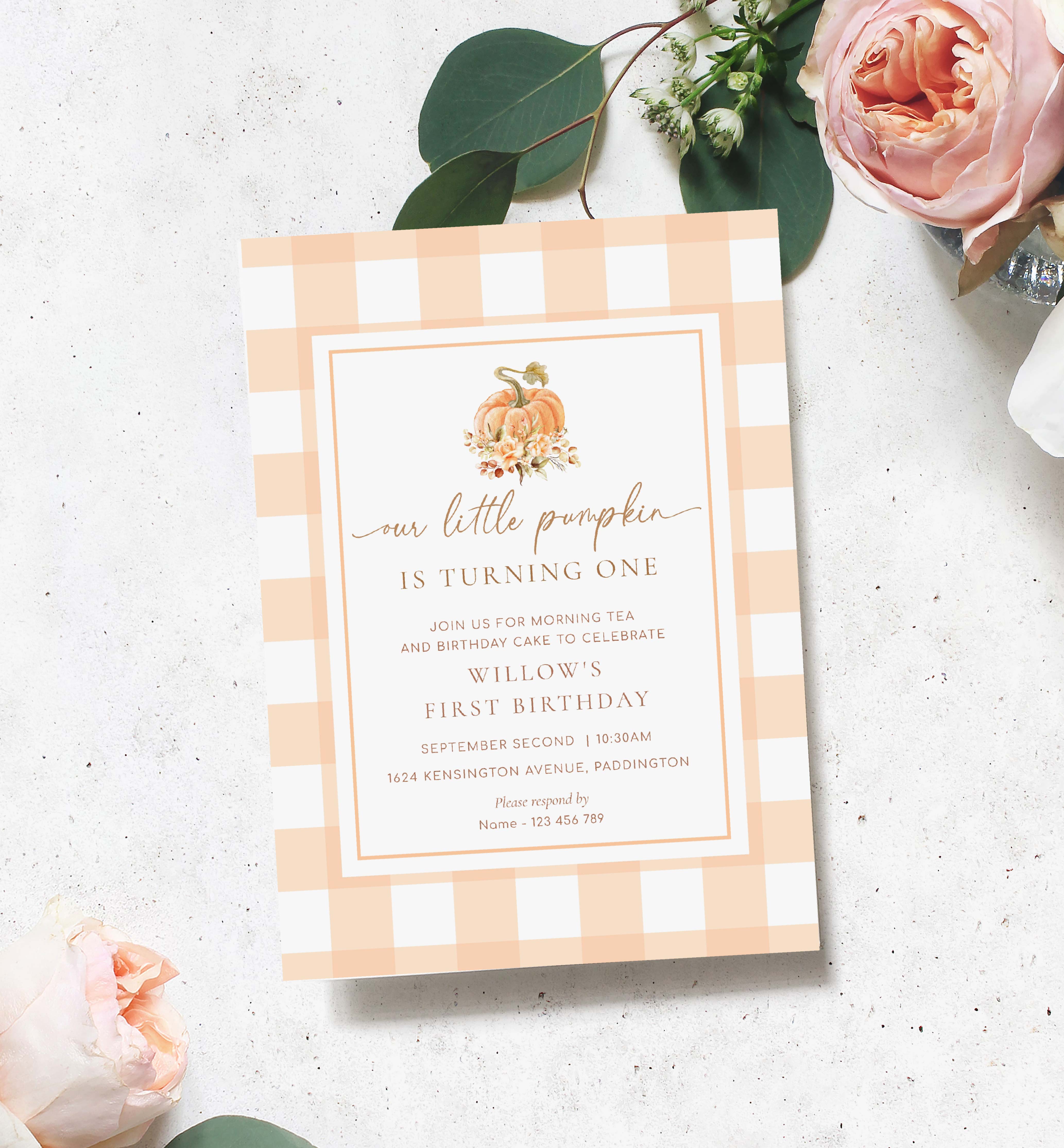 GIN-PEA-1-B2855 - GINGHAM - PEACH - PUMPKIN FIRST BIRTHDAY INVITATION design preview