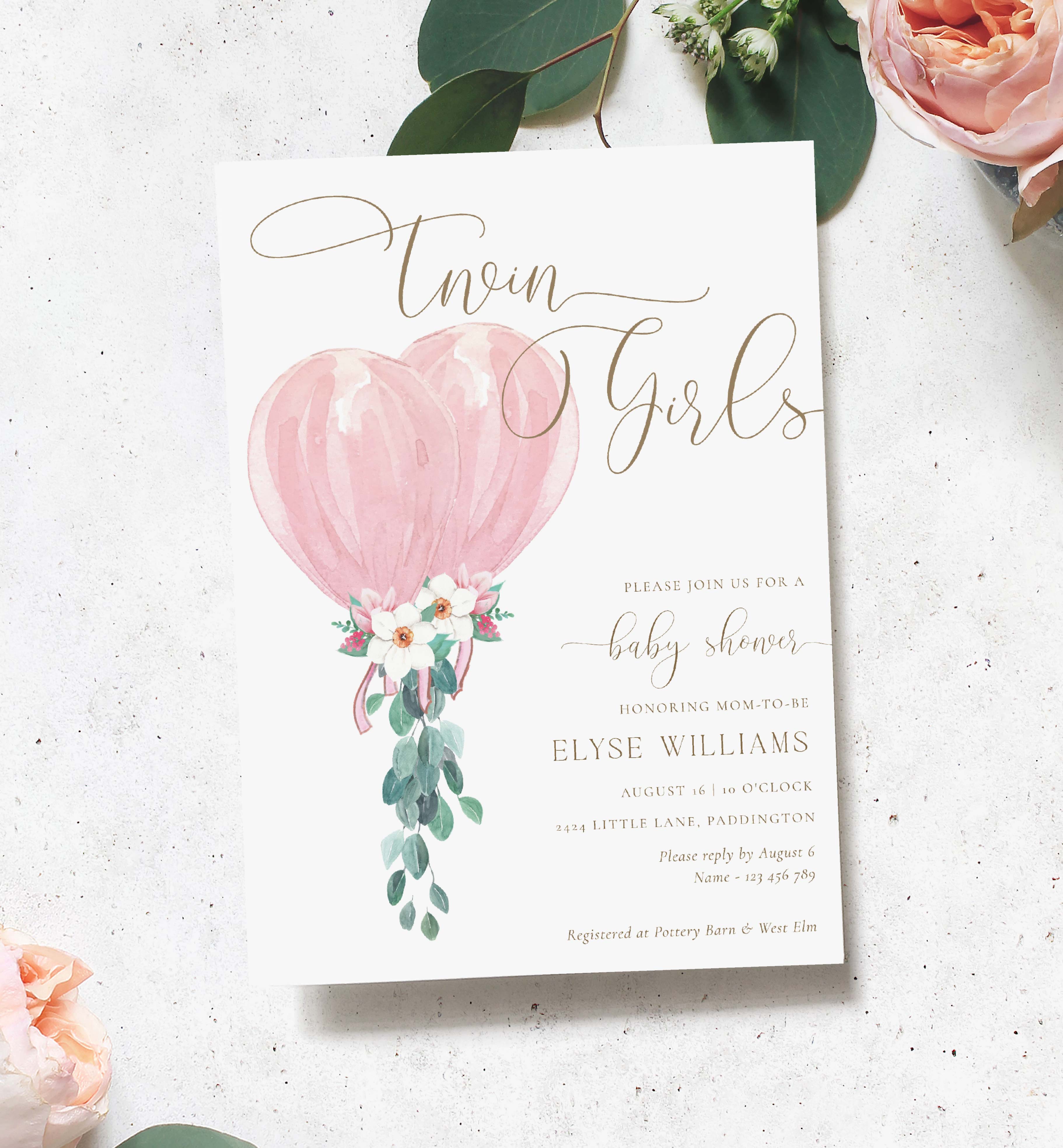 DAF-PNK-1-B3134 - DARLINGTON FLORAL - PINK - TWINS BABY SHOWER INVITATION design preview