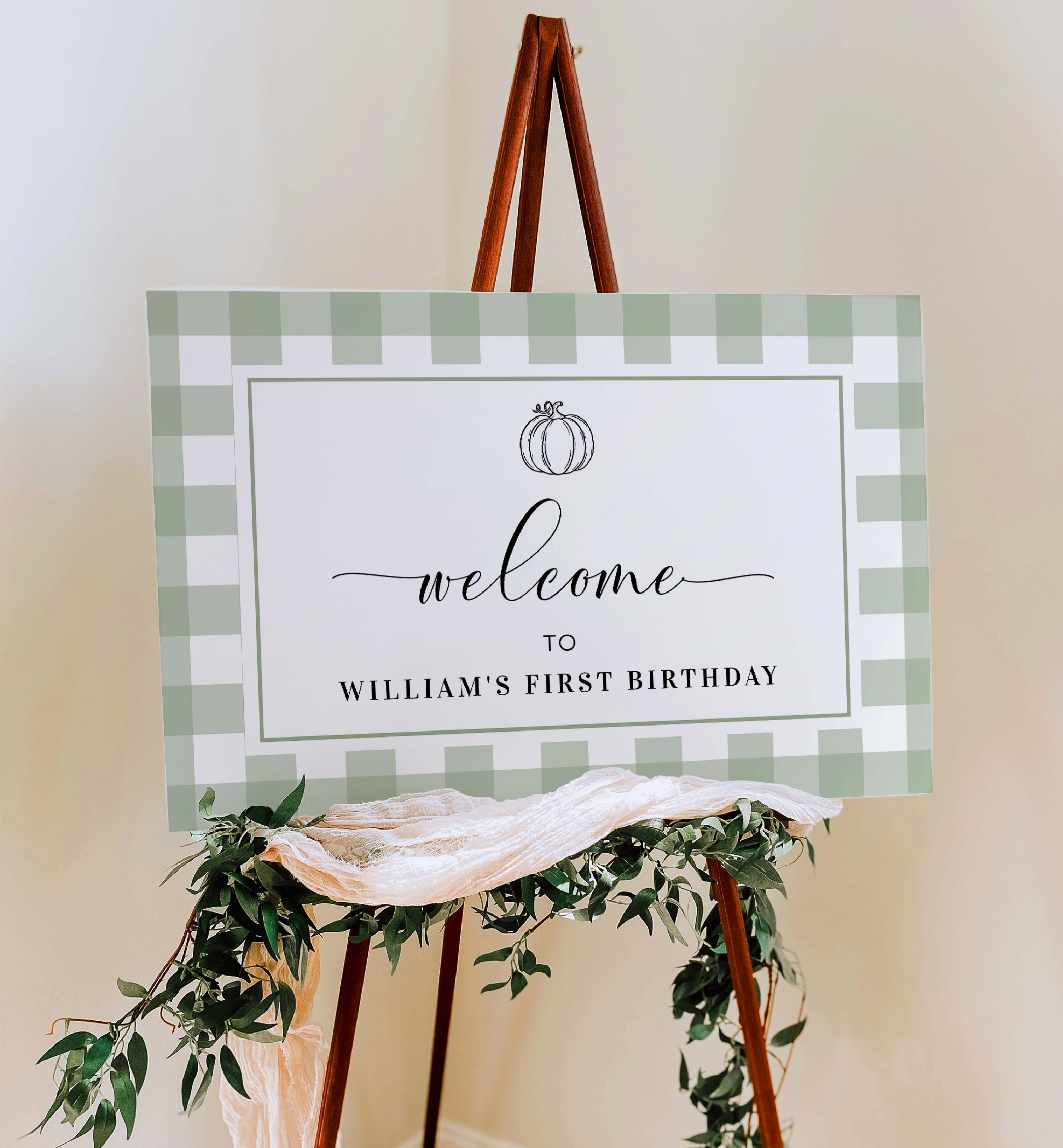 GIN-SGR-3-B2331 - GINGHAM - SAGE GREEN PUMPKIN - WELCOME SIGN design preview