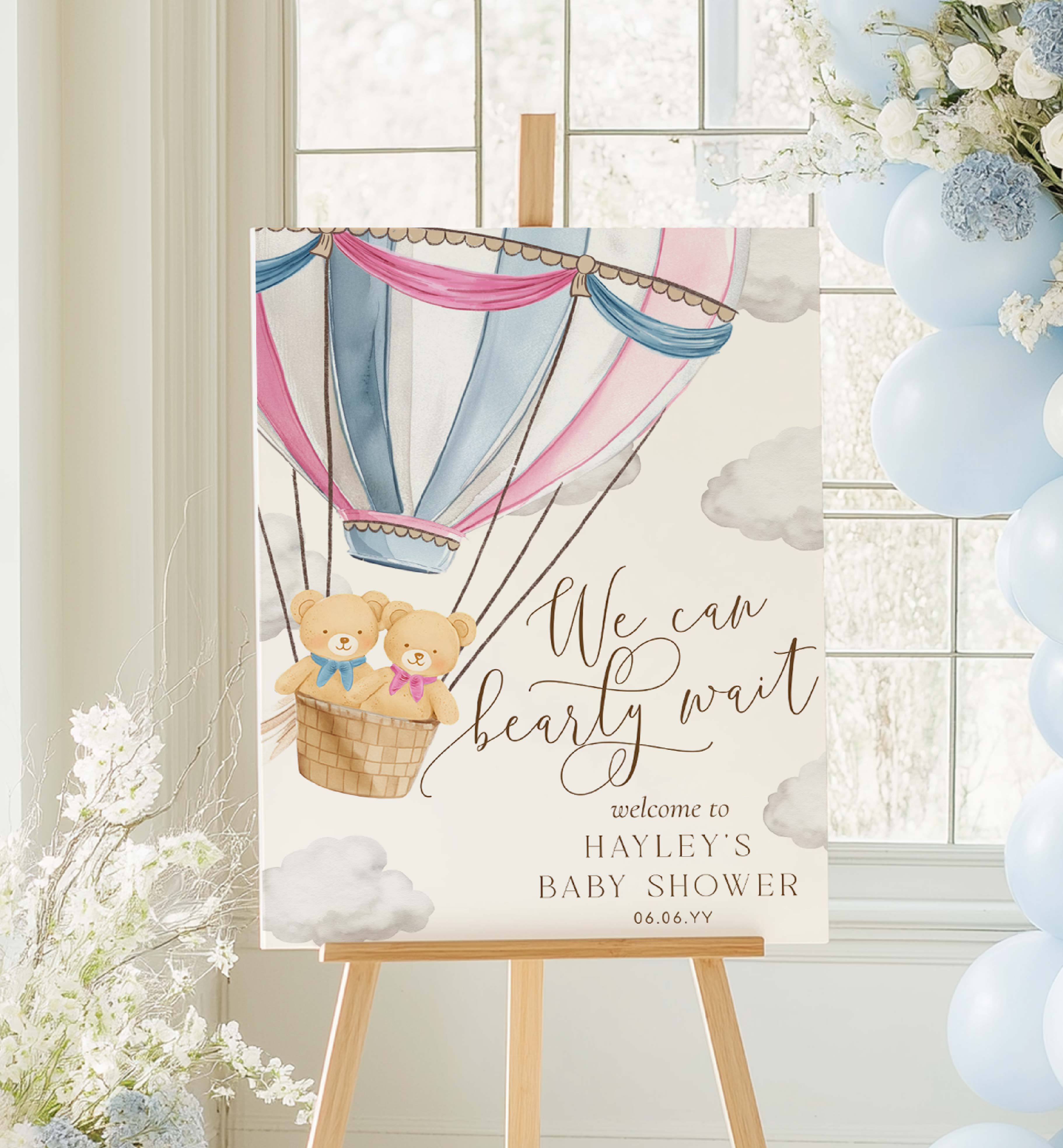 BER-PNB-3-B3763 - BEARLY WAIT - PINK BLUE - TWINS WELCOME SIGN design preview