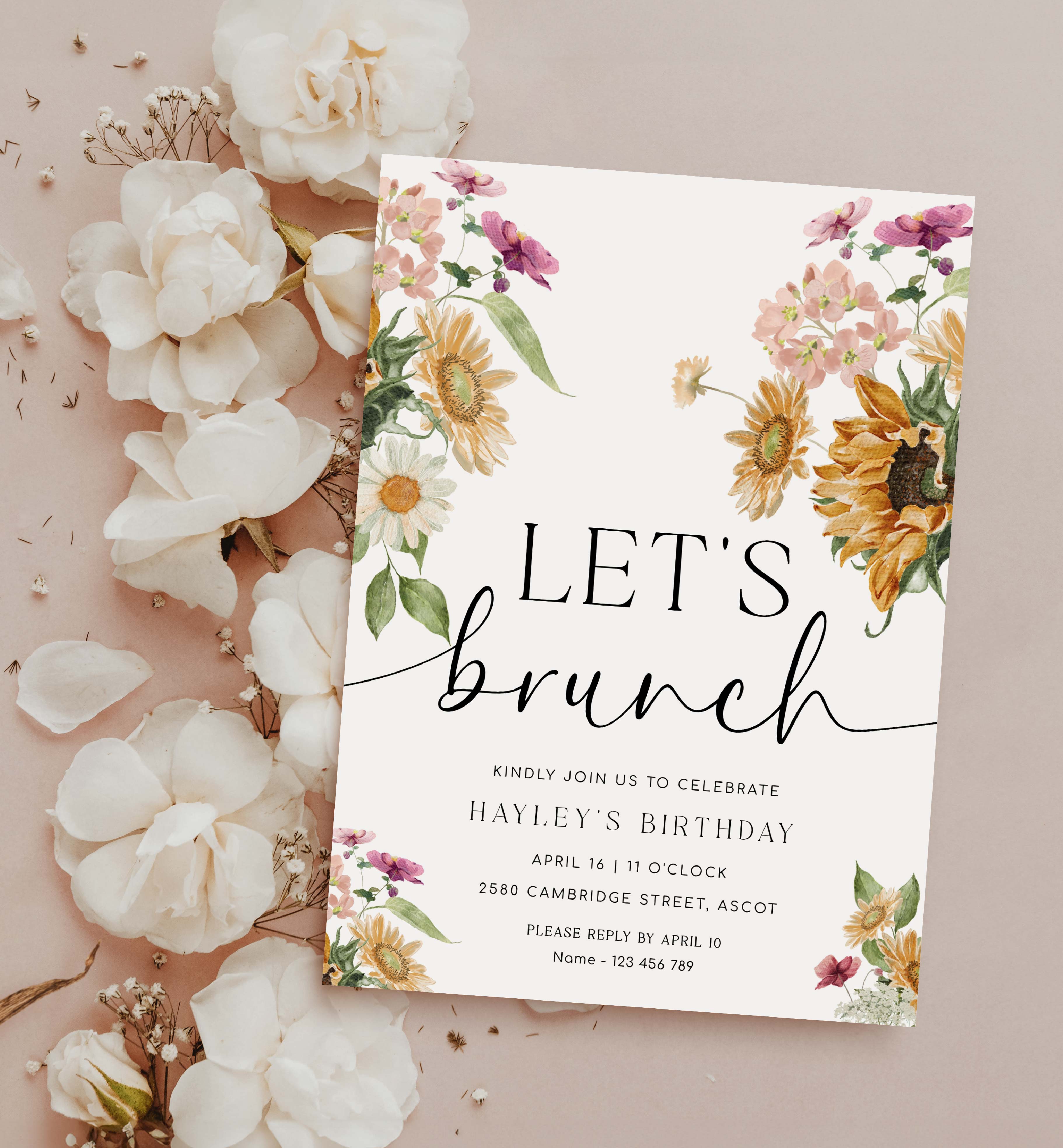 MEW-WHT-1-B3355 - MEWS FLORAL - WHITE - LET'S BRUNCH INVITATION design preview
