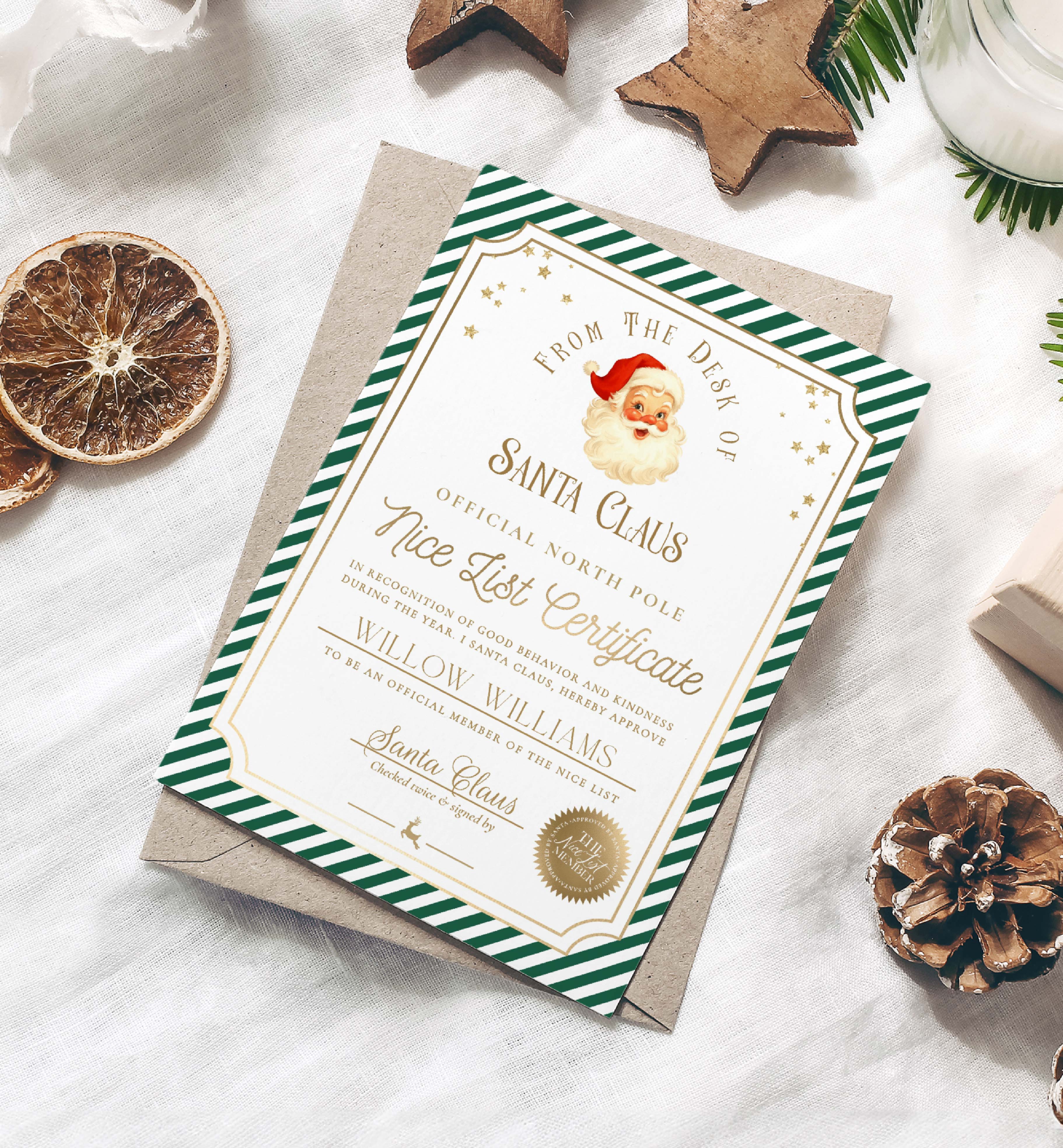 SAW-GRE-24-B3726 - STRIPE - GREEN - SANTA NICE LIST CERTIFICATE design preview