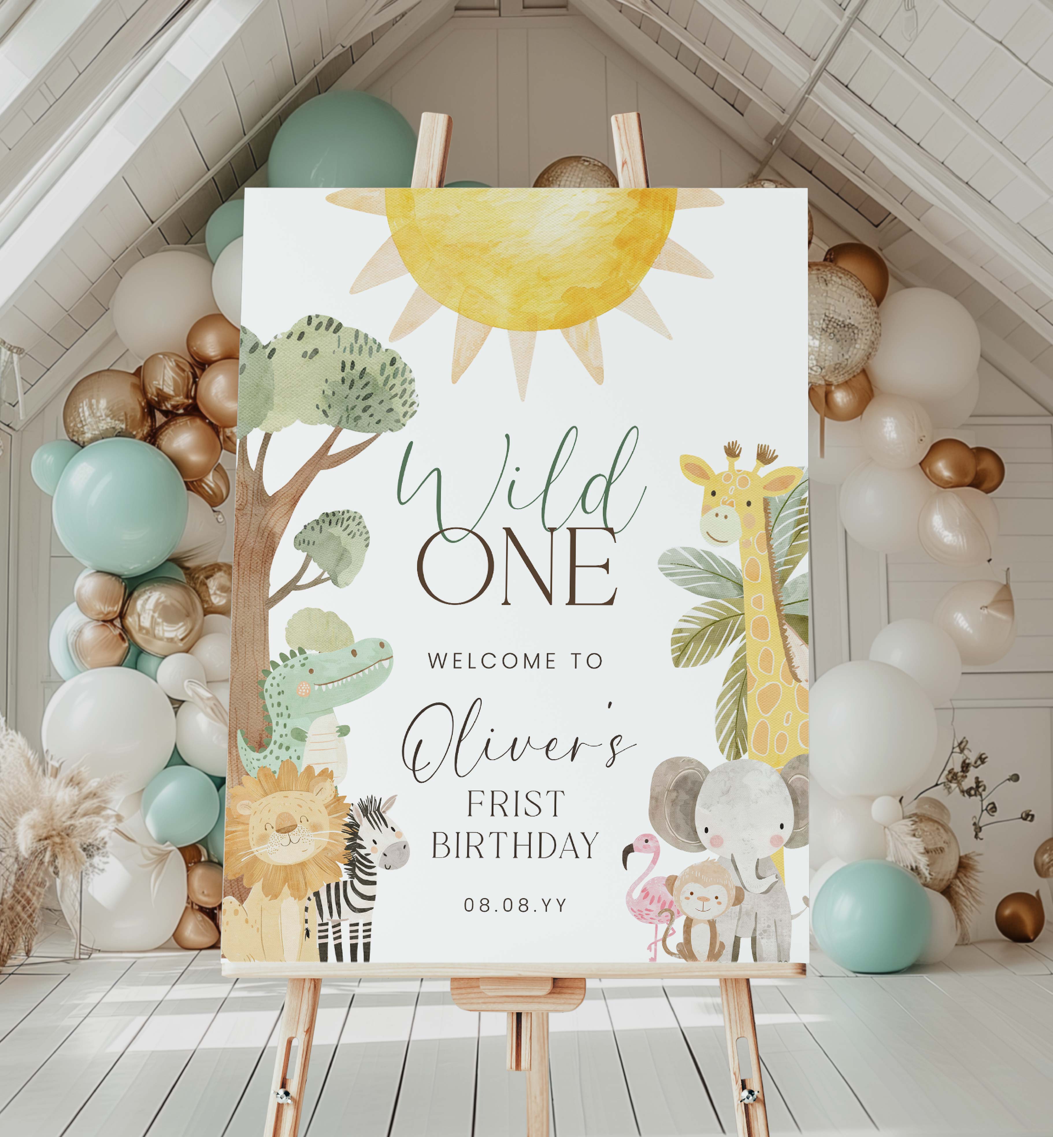 NYS-WHT-3-B3416 - NYALA SAFARI - WHITE - FIRST BIRTHDAY WELCOME SIGN design preview