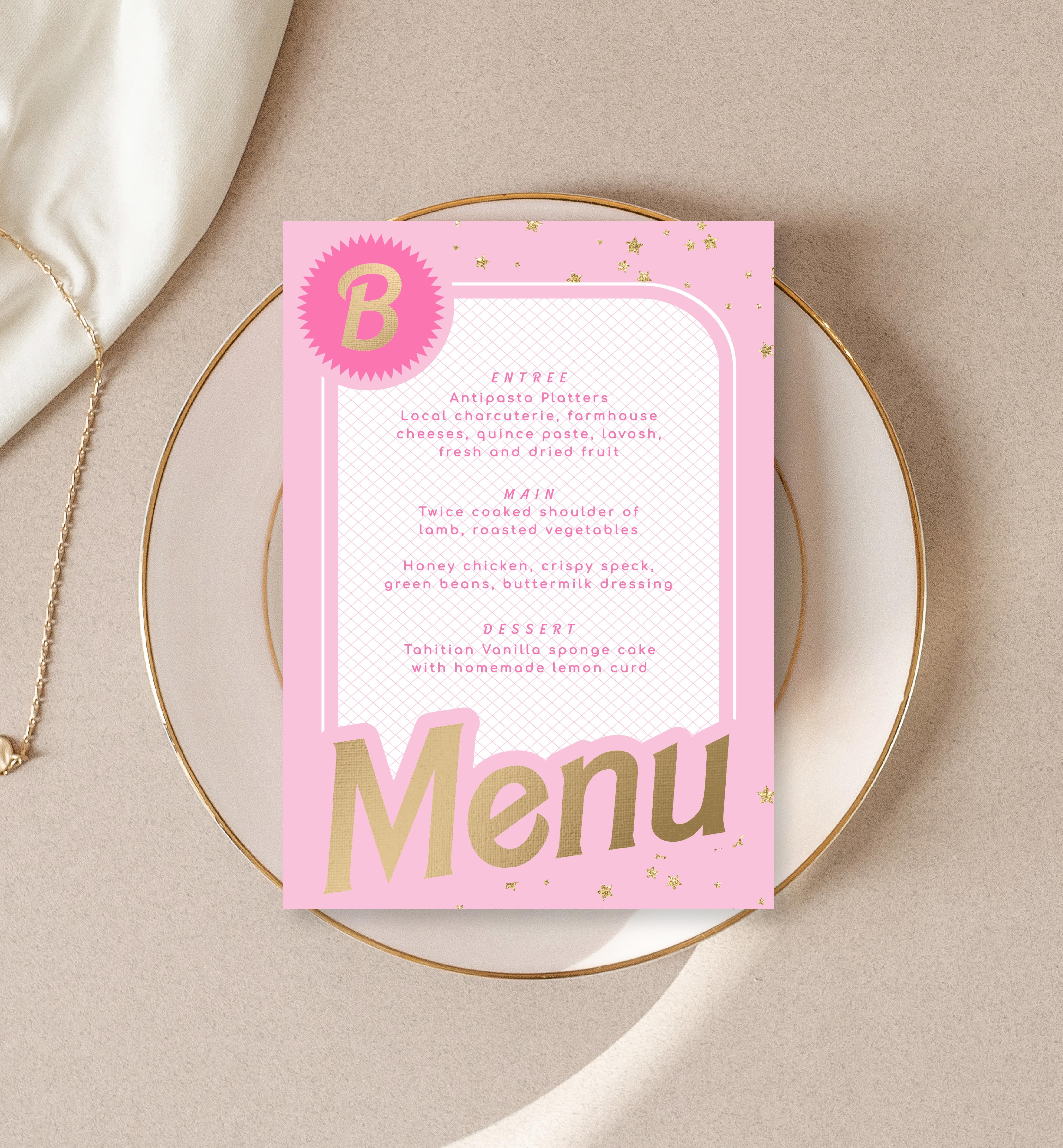BAR-PNK-12-B1638 - BARBIE PARTY - PINK GOLD - MENU design preview