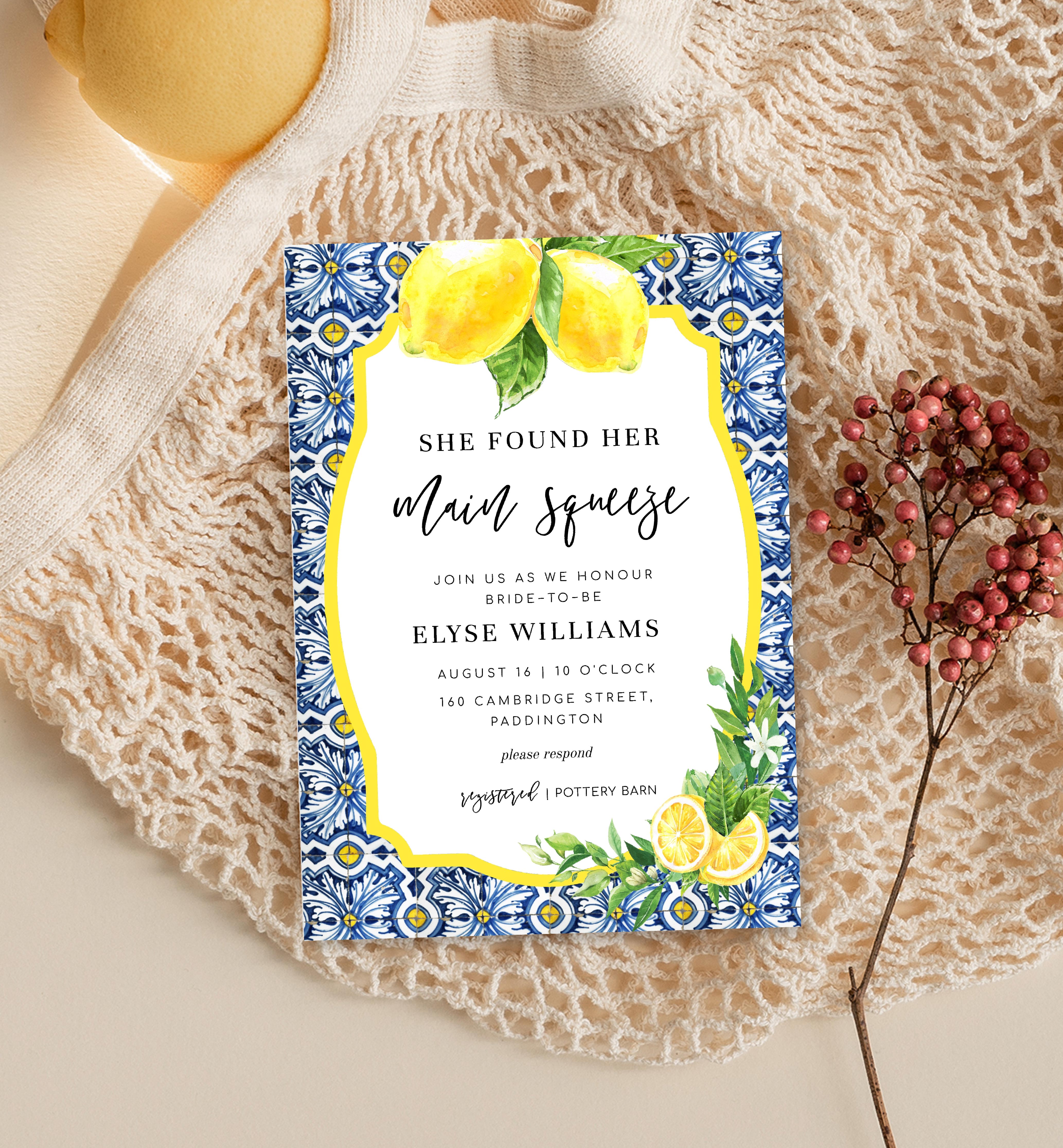 POS-BLY-1-B1514 - POSITNAO BLUE TILE - LEMONS - MAIN SQUEEZE INVITATION design preview