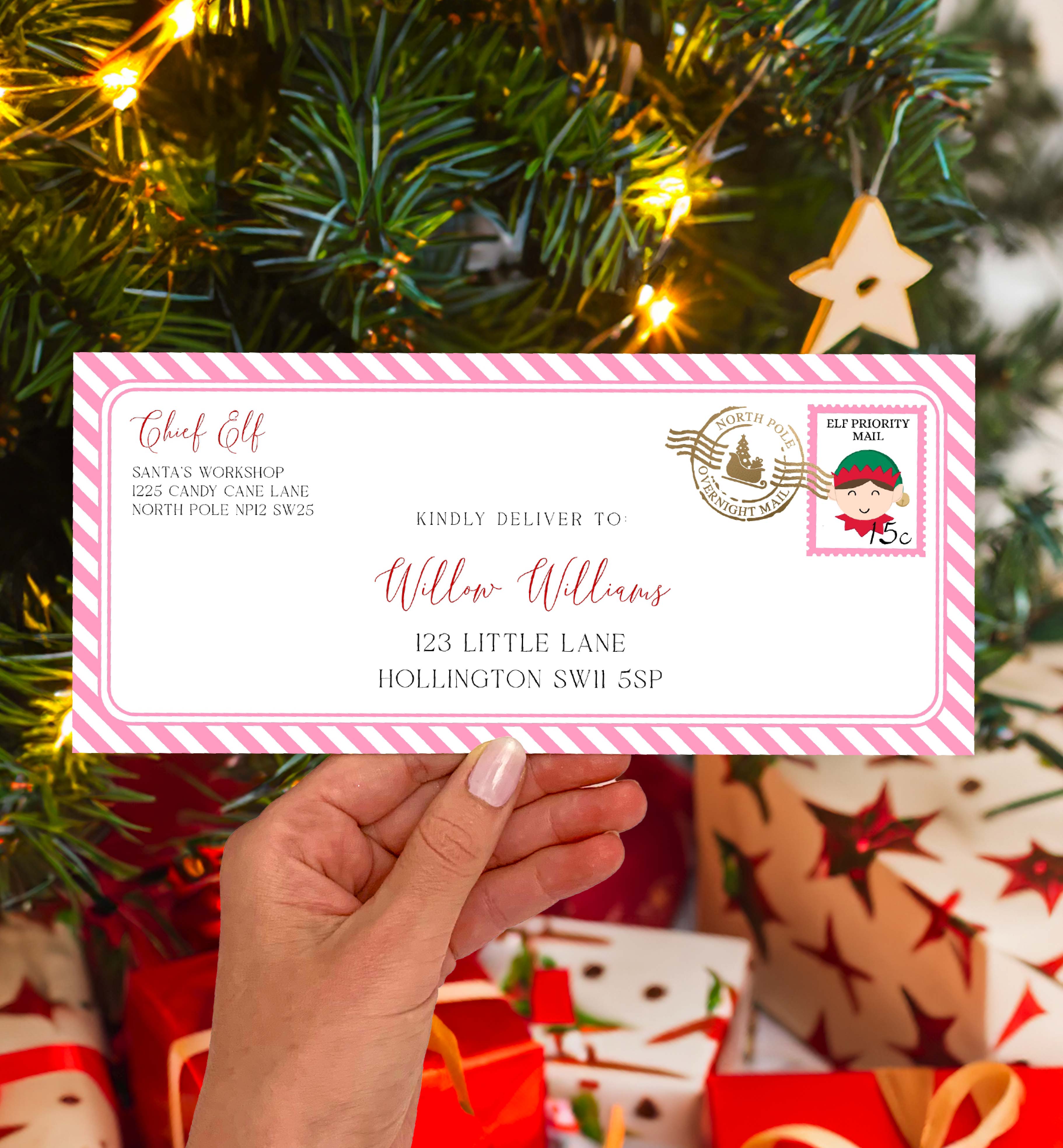 STR-PNK-17-B3376 - STRIPE - PINK - ELF CHRISTMAS ENVELOPE design preview