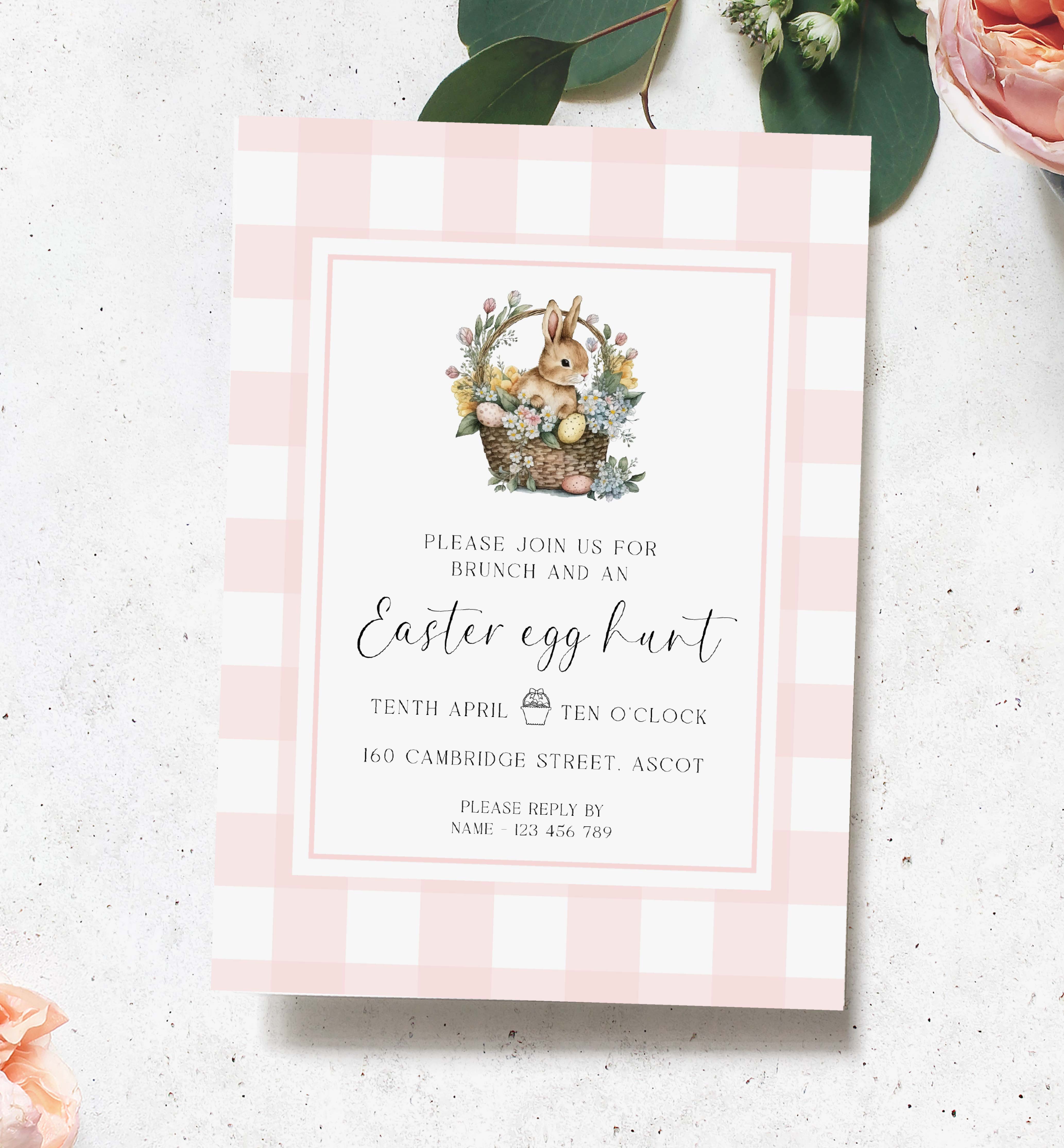 GIN-PNK-1-B3051 - GINGHAM - PINK BUNNY BASKET - EASTER EGG HUNT INVITATION design preview