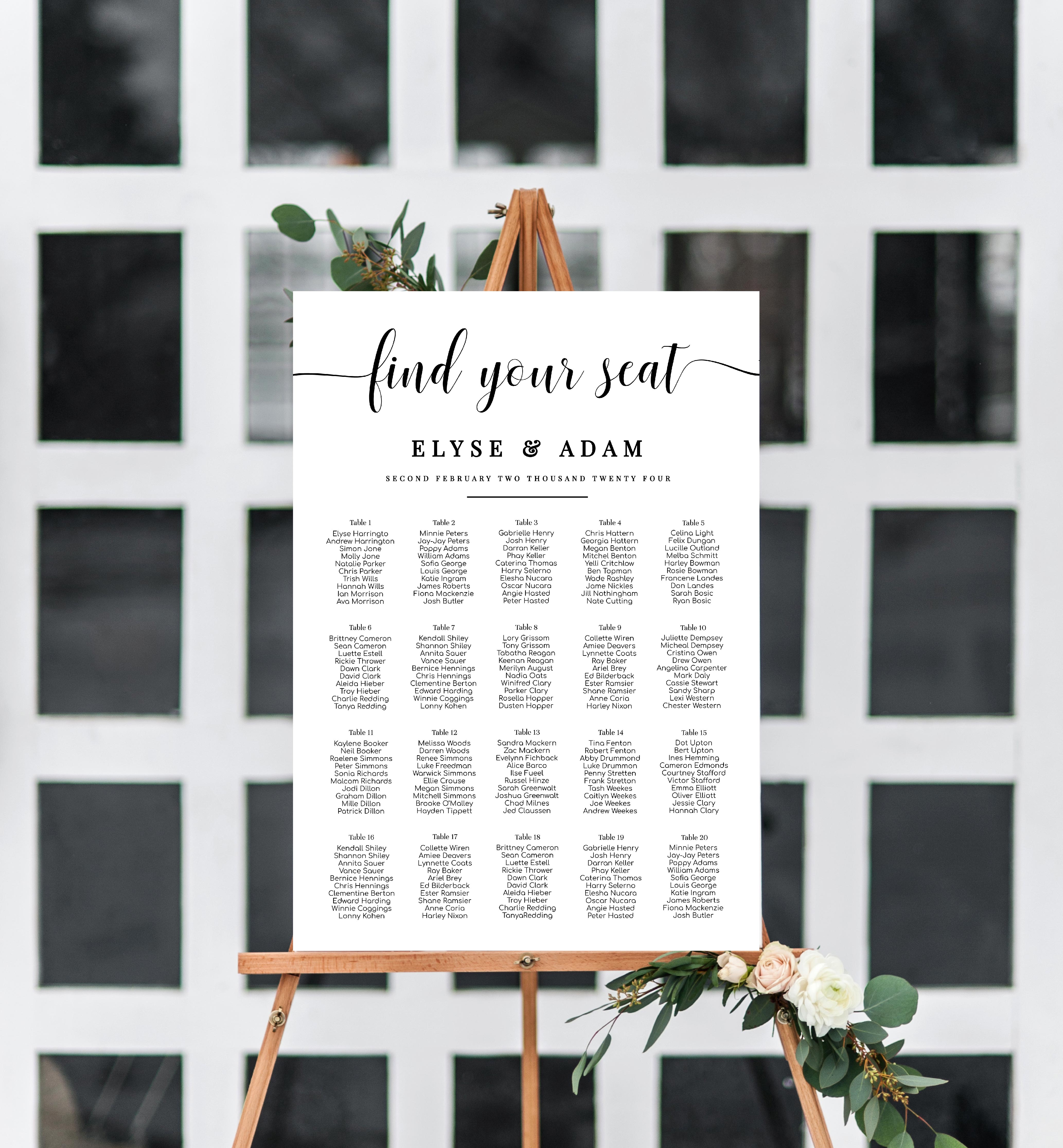 LEY-WHT-4-B126 - LEYTON SCRIPT - SEATING CHART - PORTRAIT design preview