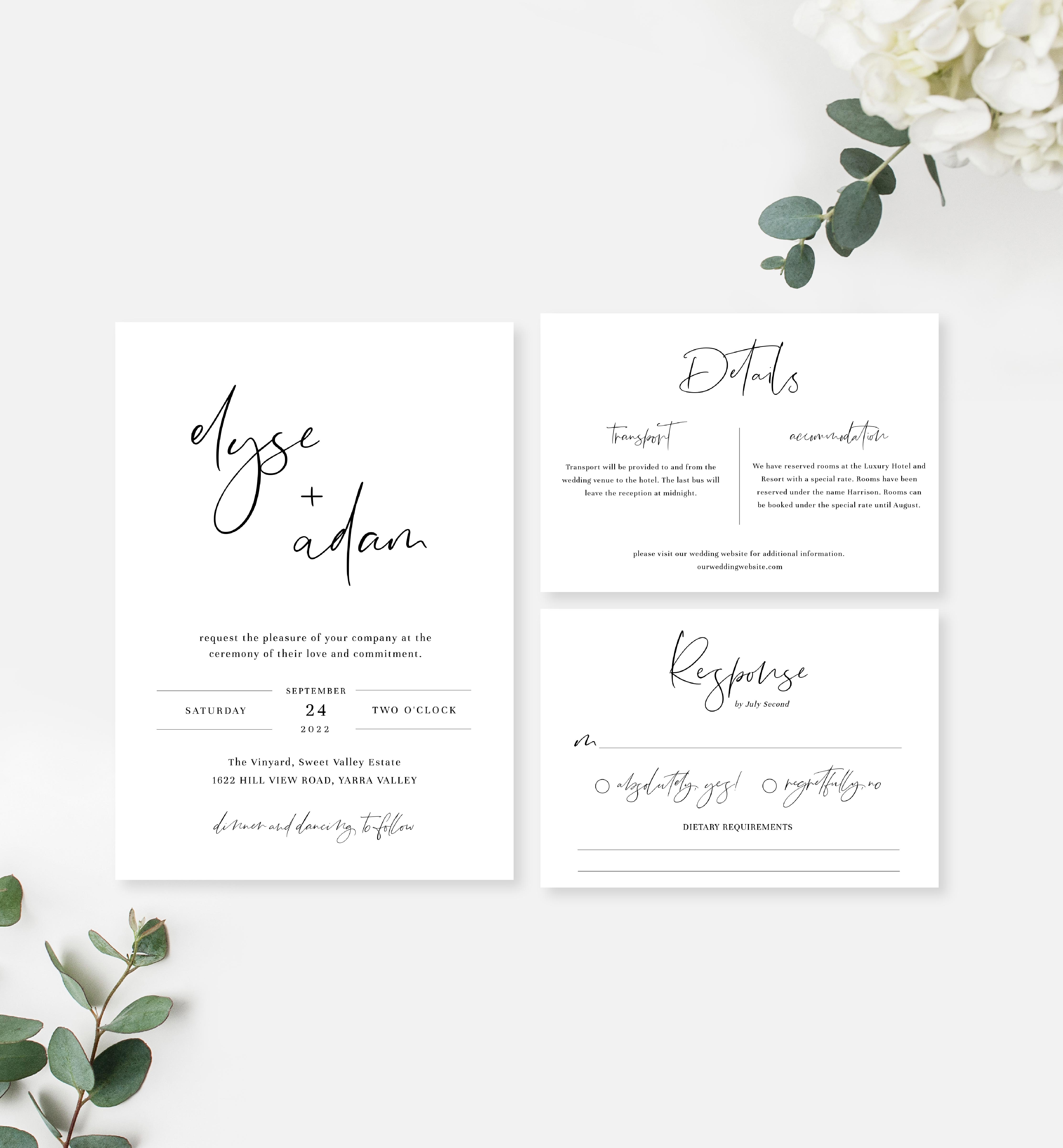 GIG-WHT-1-B709 - GIGI SCRIPT - WHITE - WEDDING INVITATION SUITE design preview