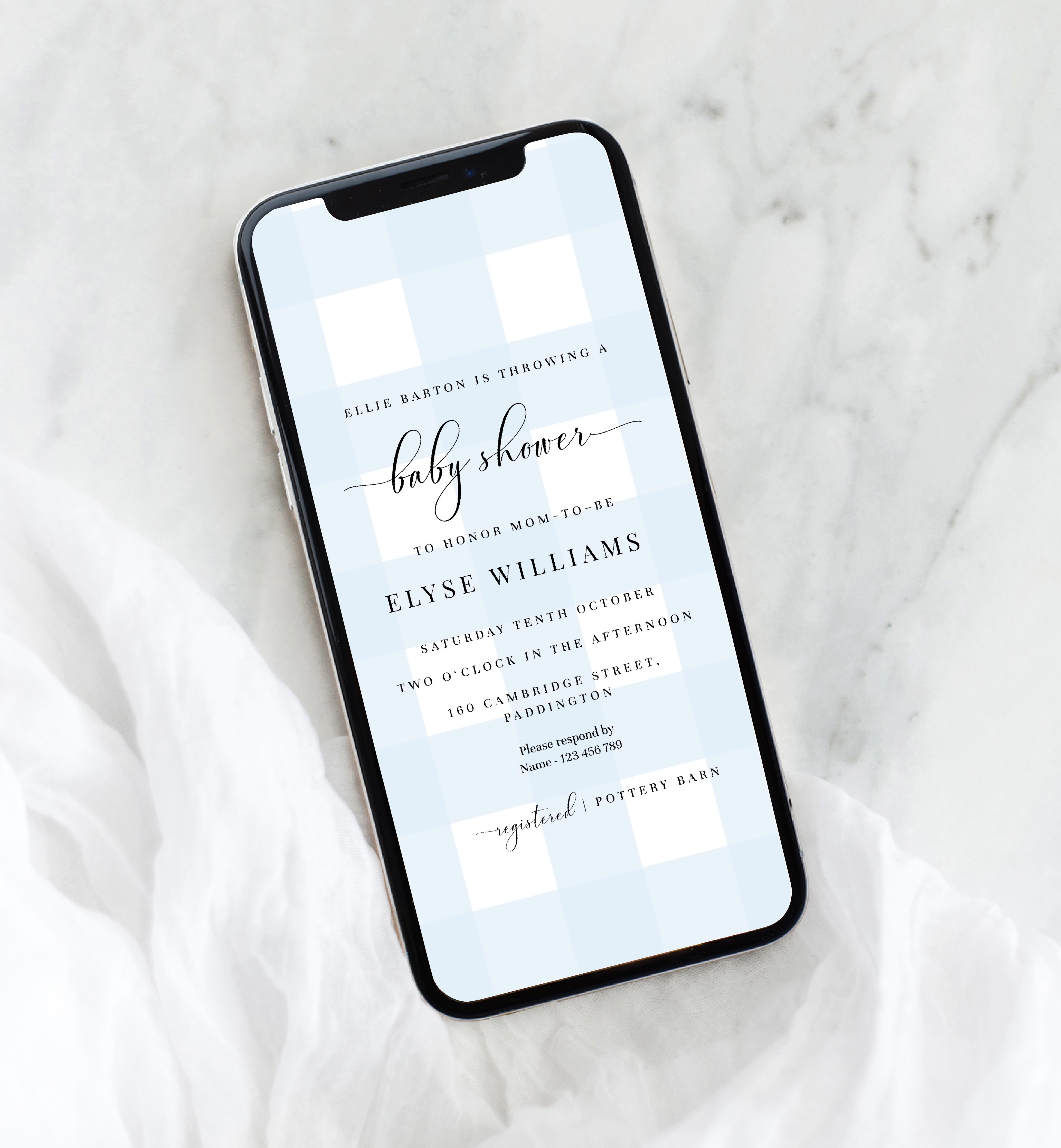 GIN-BLU-16-B2588 - GINGHAM - BLUE - BABY SHOWER SMARTPHONE INVITATION design preview
