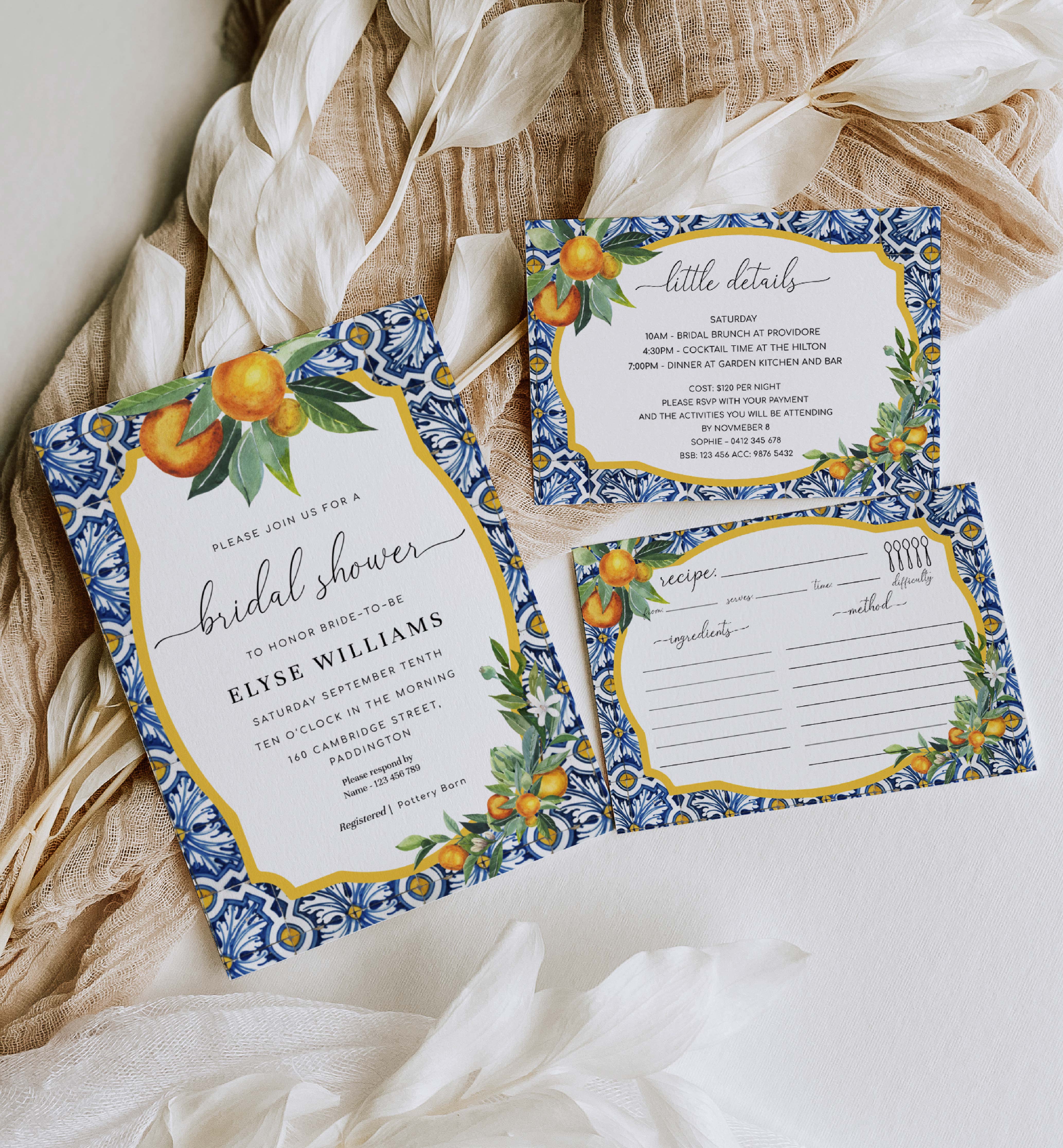 POS-BLO-1-B1064 - POSITANO BLUE TILE - ORANGES - BRIDAL SHOWER INVITATION SUITE design preview