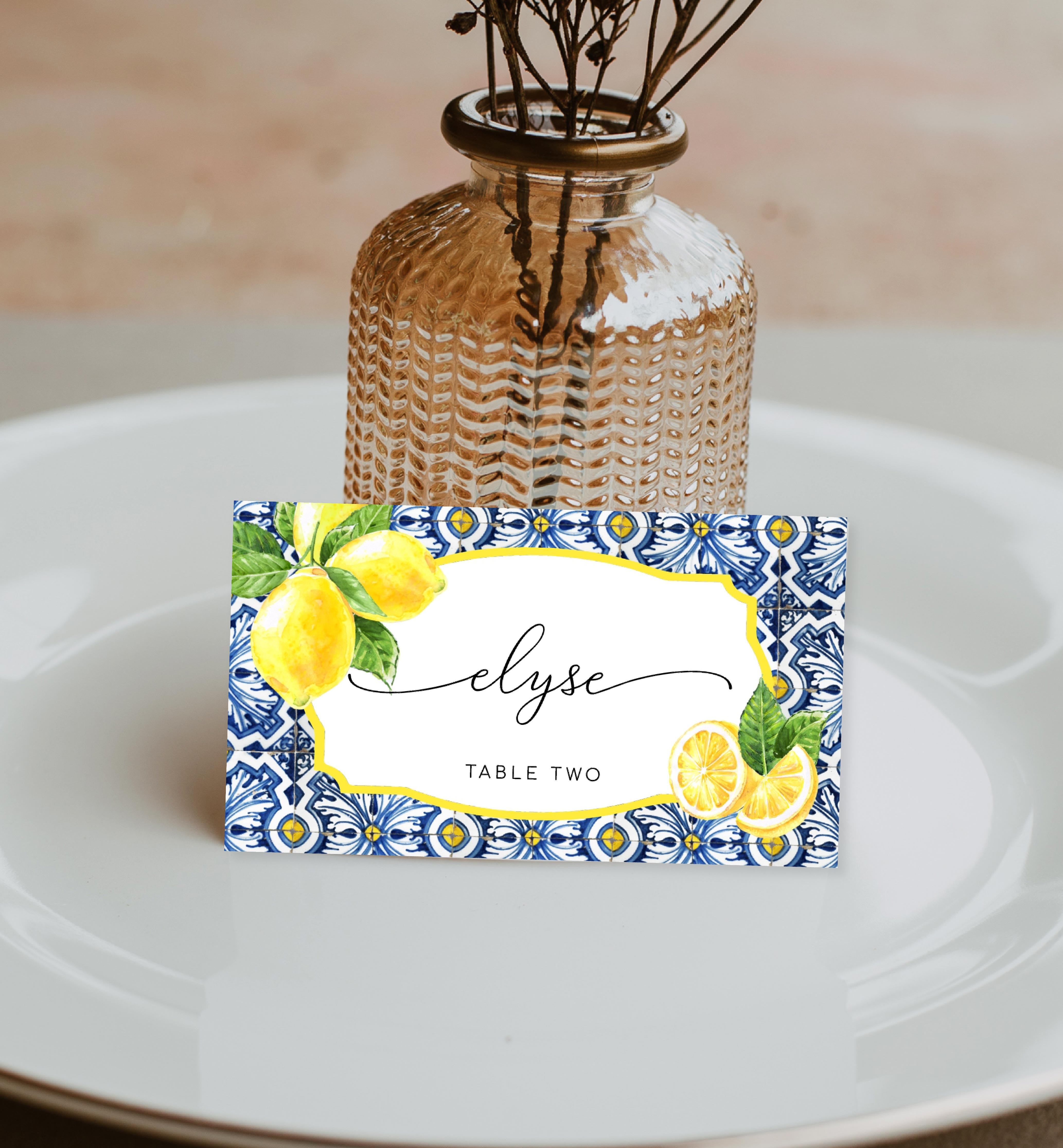 POS-BLY-5-B177 - POSITANO BLUE TILE - LEMONS - PLACE CARDS design preview