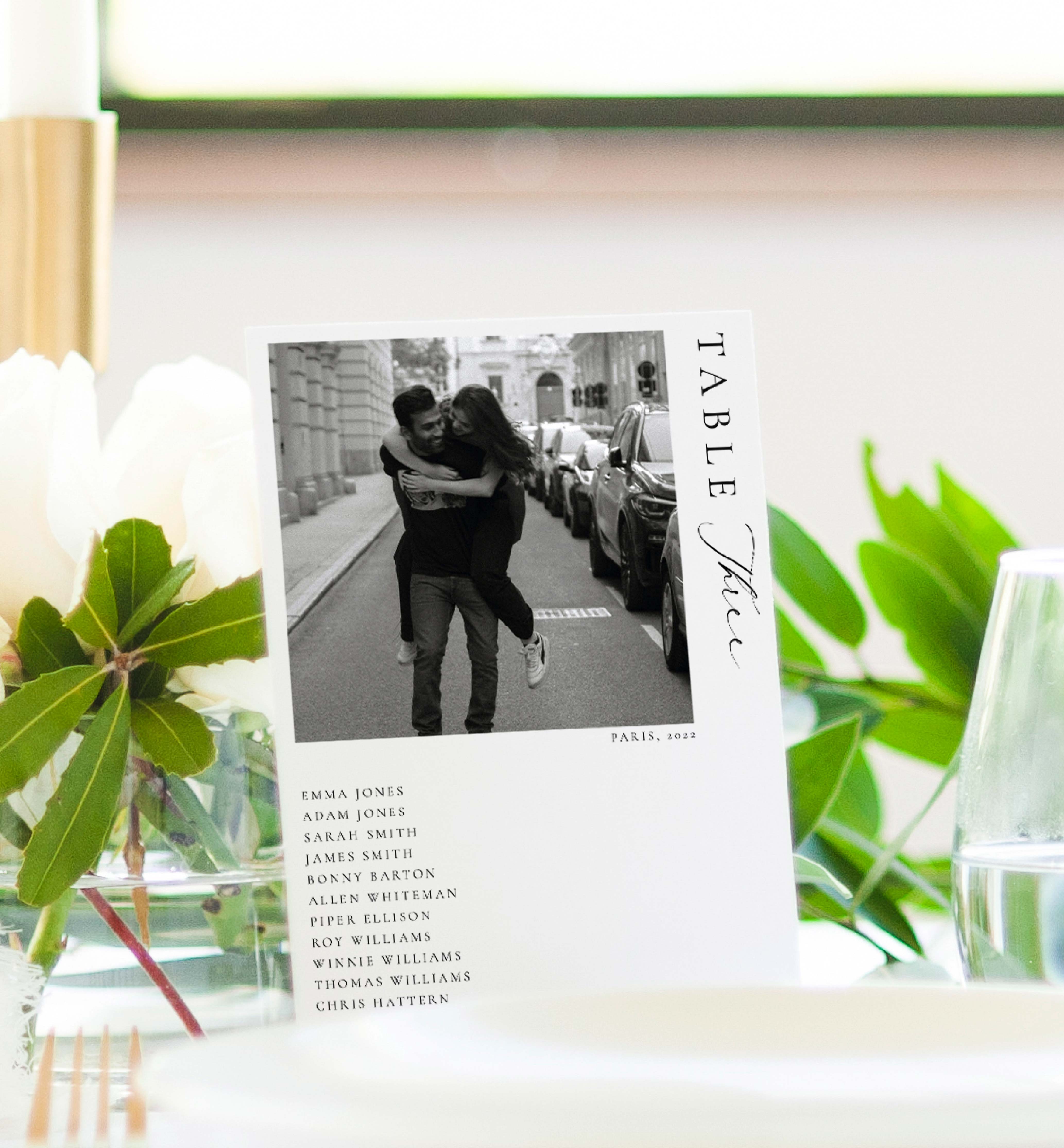ELE-WHT-9-B2662 - ELLESMERE - WHITE - PHOTO TABLE NUMBERS WITH GUEST NAMES design preview