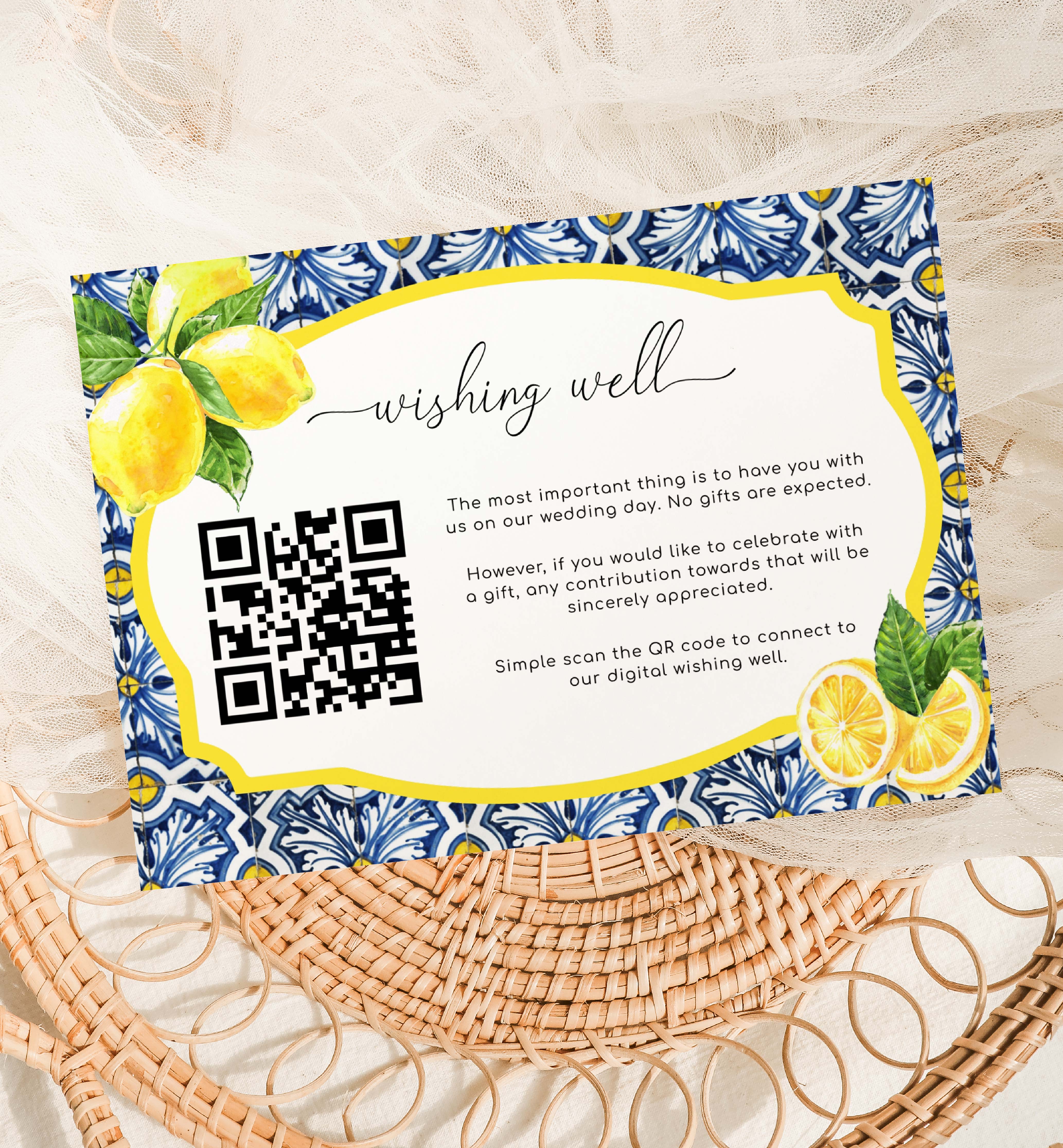 POS-BLY-2-B2759 - POSITANO BLUE TILE - LEMONS - QR CODE WISHING WELL CARD design preview