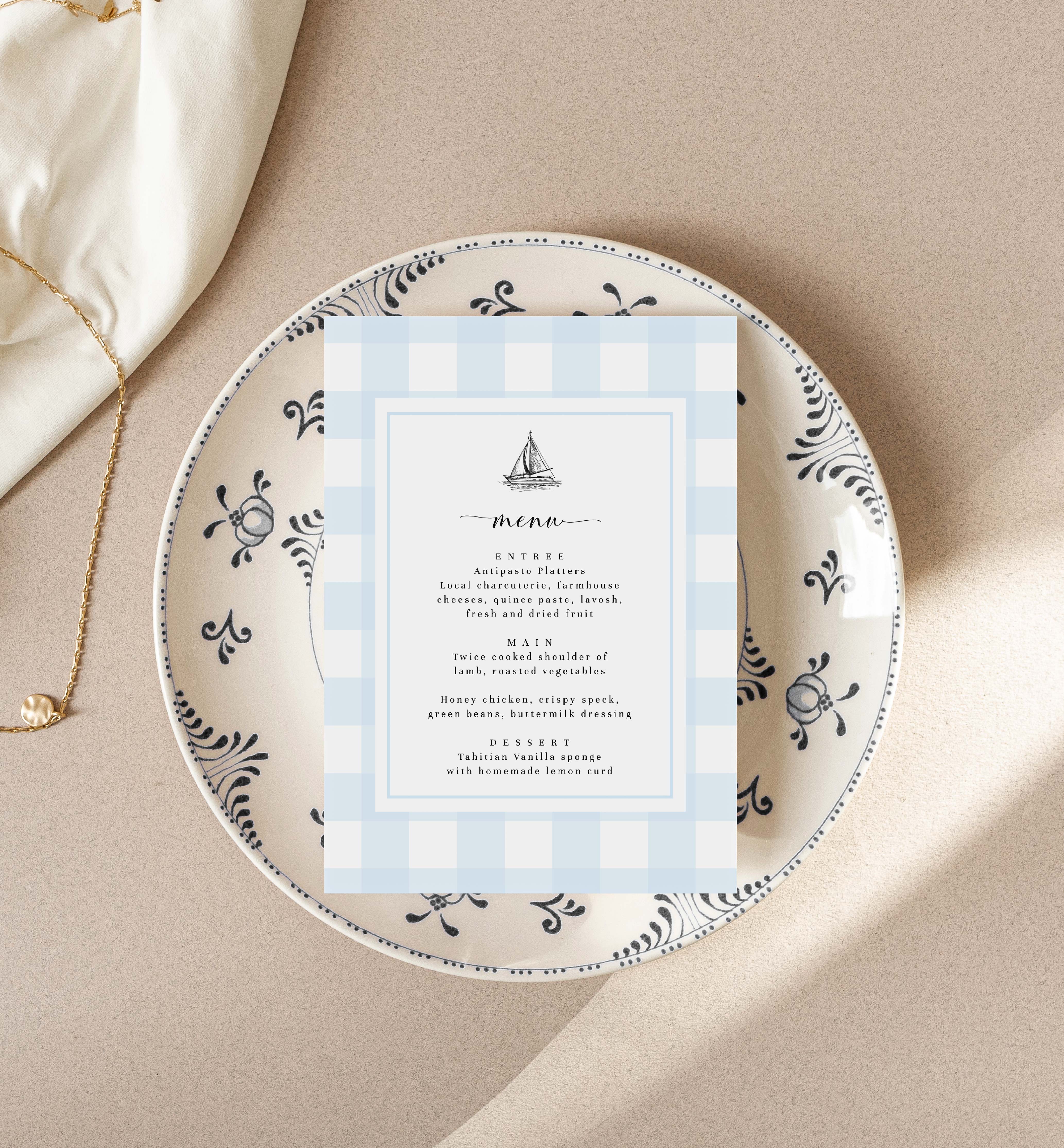 GIN-BLU-12-B2688 - GINGHAM - BLUE SAILING BOAT - MENU design preview