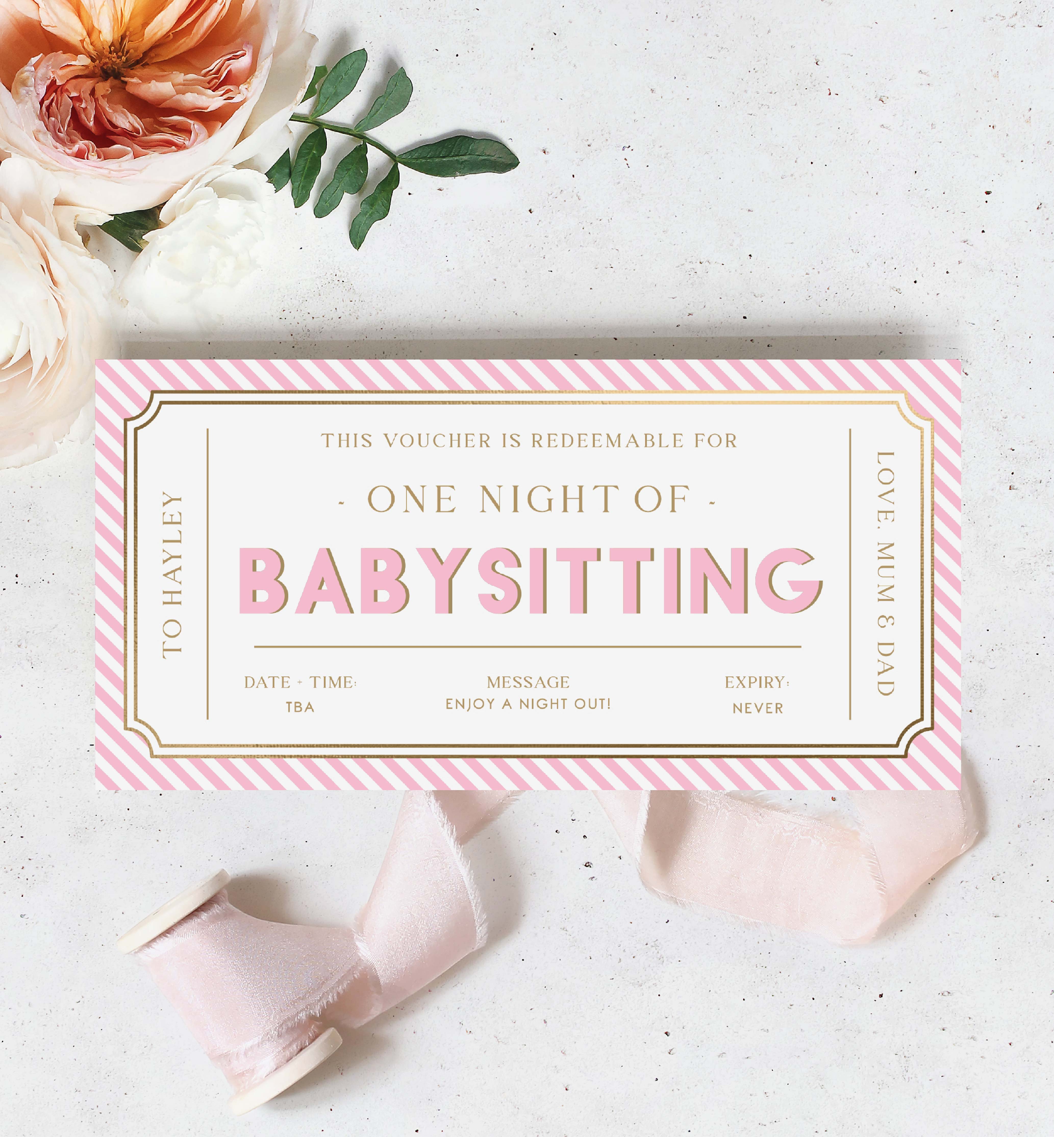 STR-PNK-14-B3013 - STRIPE - PINK - BABYSITTING GIFT CERTIFICATE design preview