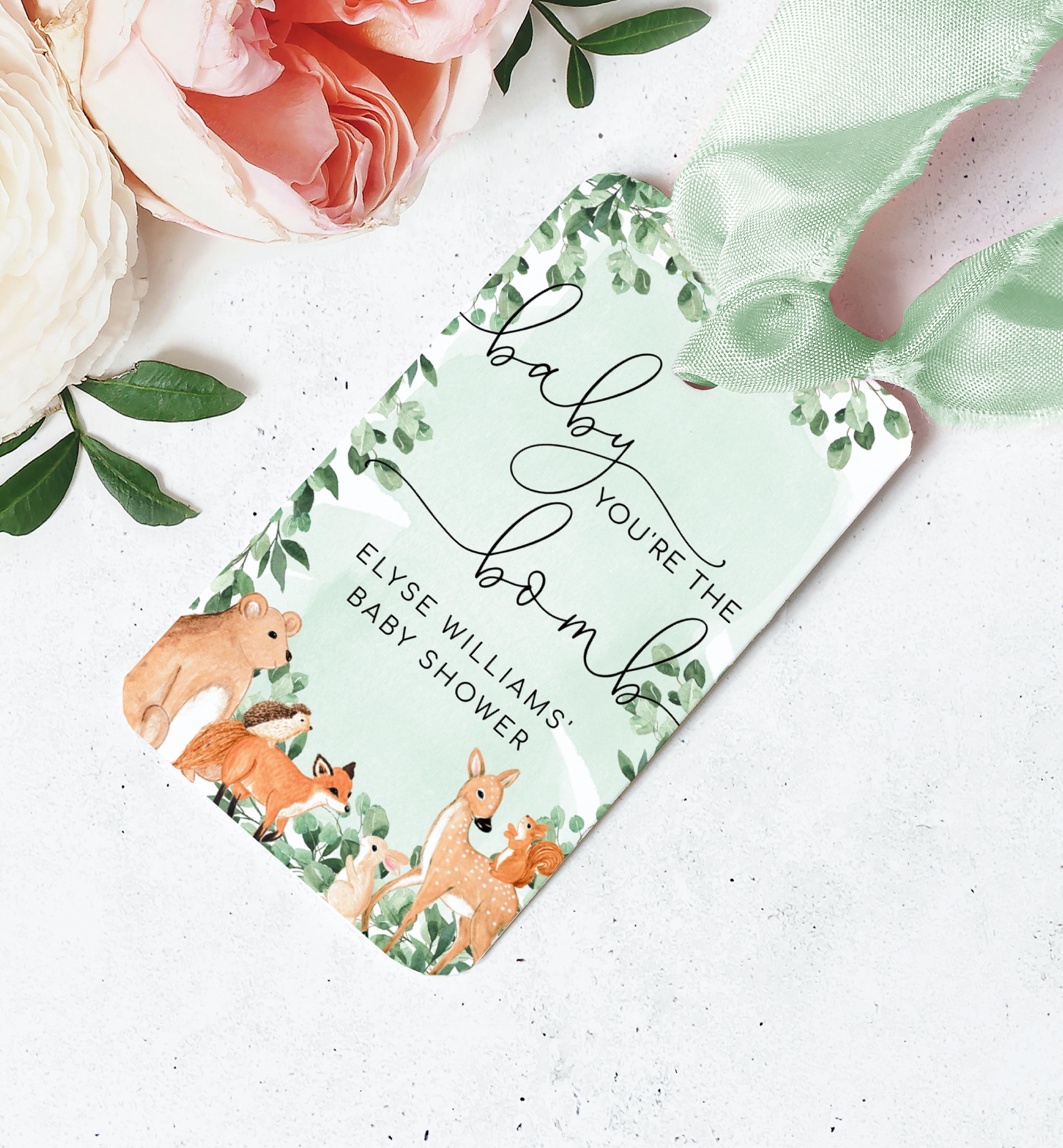 WOD-GRE-6-B1930 - WOODLAND - GREEN - BABY YOU'RE THE BOMB BATH BOMB FAVOUR TAG design preview