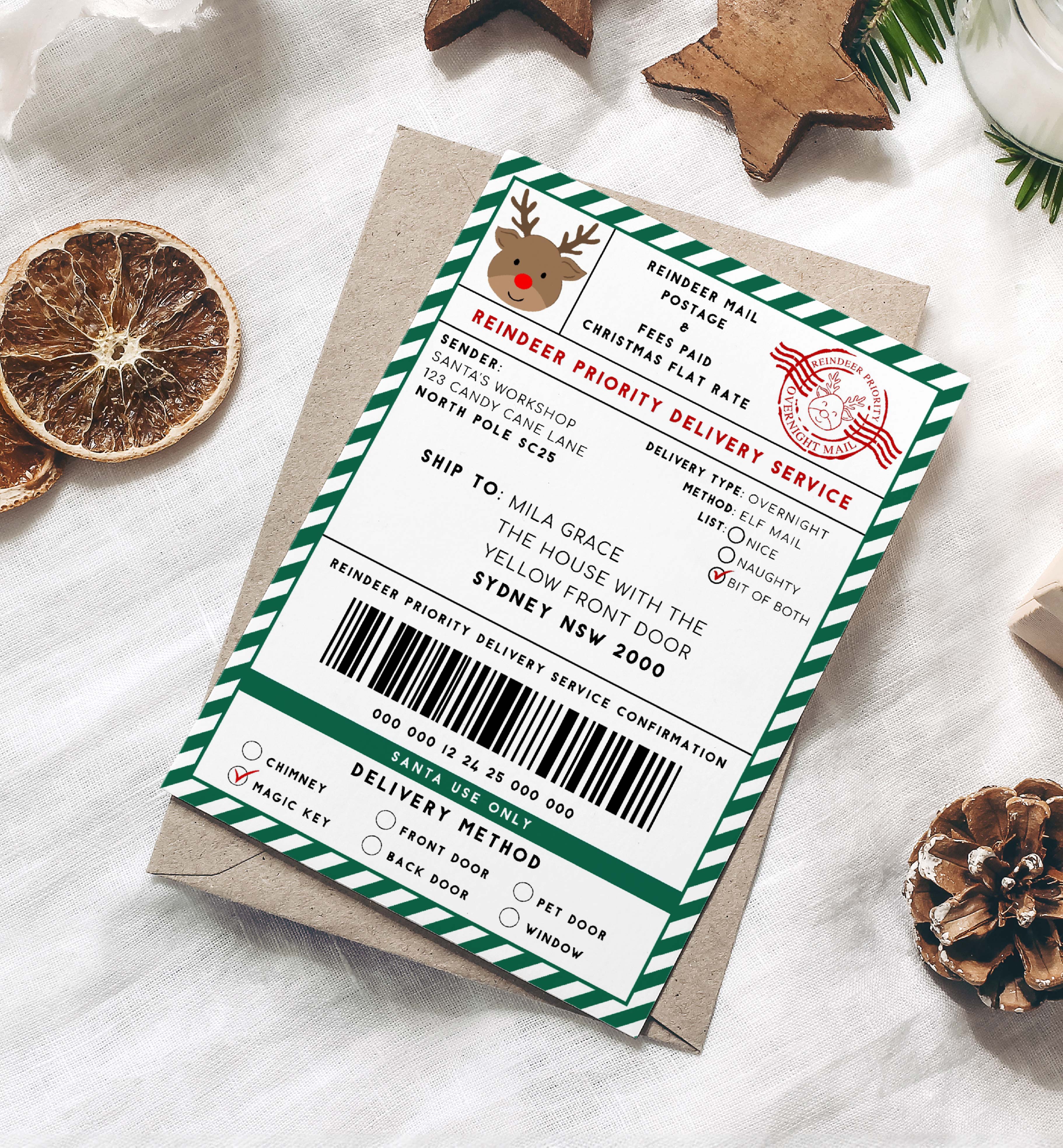 SAW-BGR-6-B3370 - SANTAS WORKSHOP - BOTTLE GREEN - REINDEER SHIPPING LABEL design preview