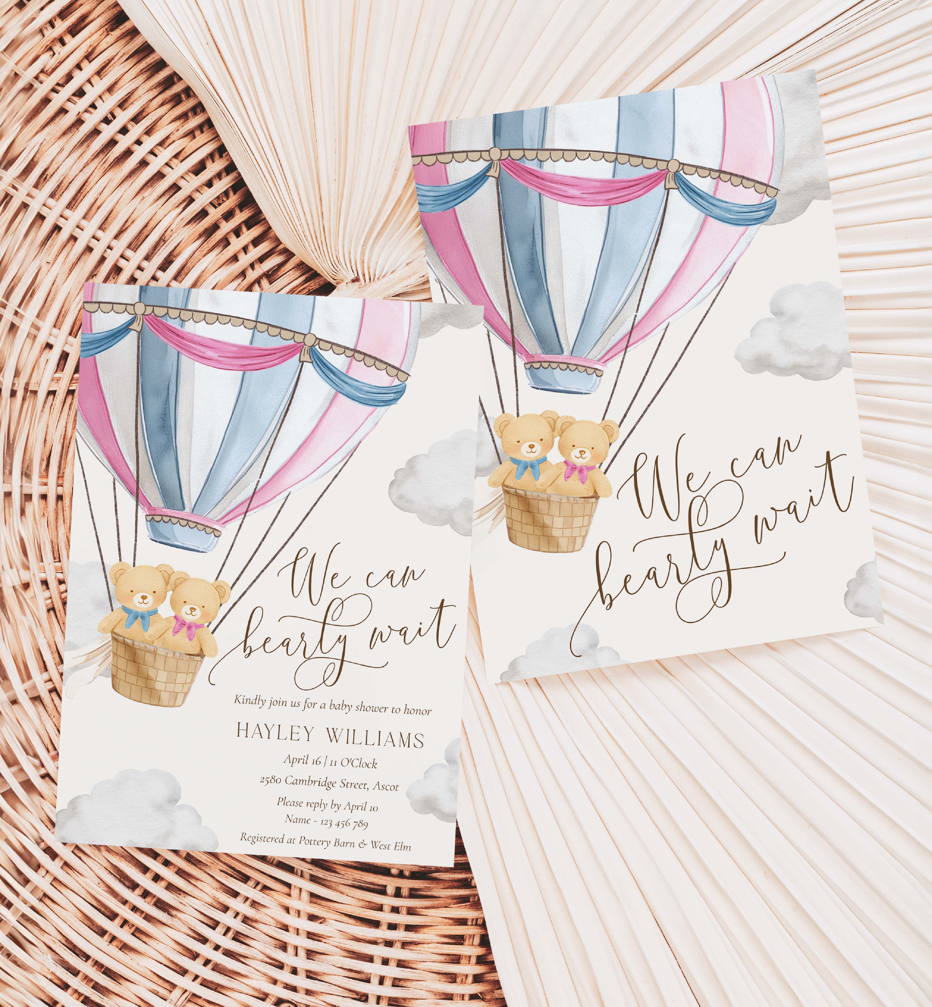 BER-PNB-1-B3544 - BEARLY WAIT - PINK BLUE - BABY SHOWER INVITATION design preview