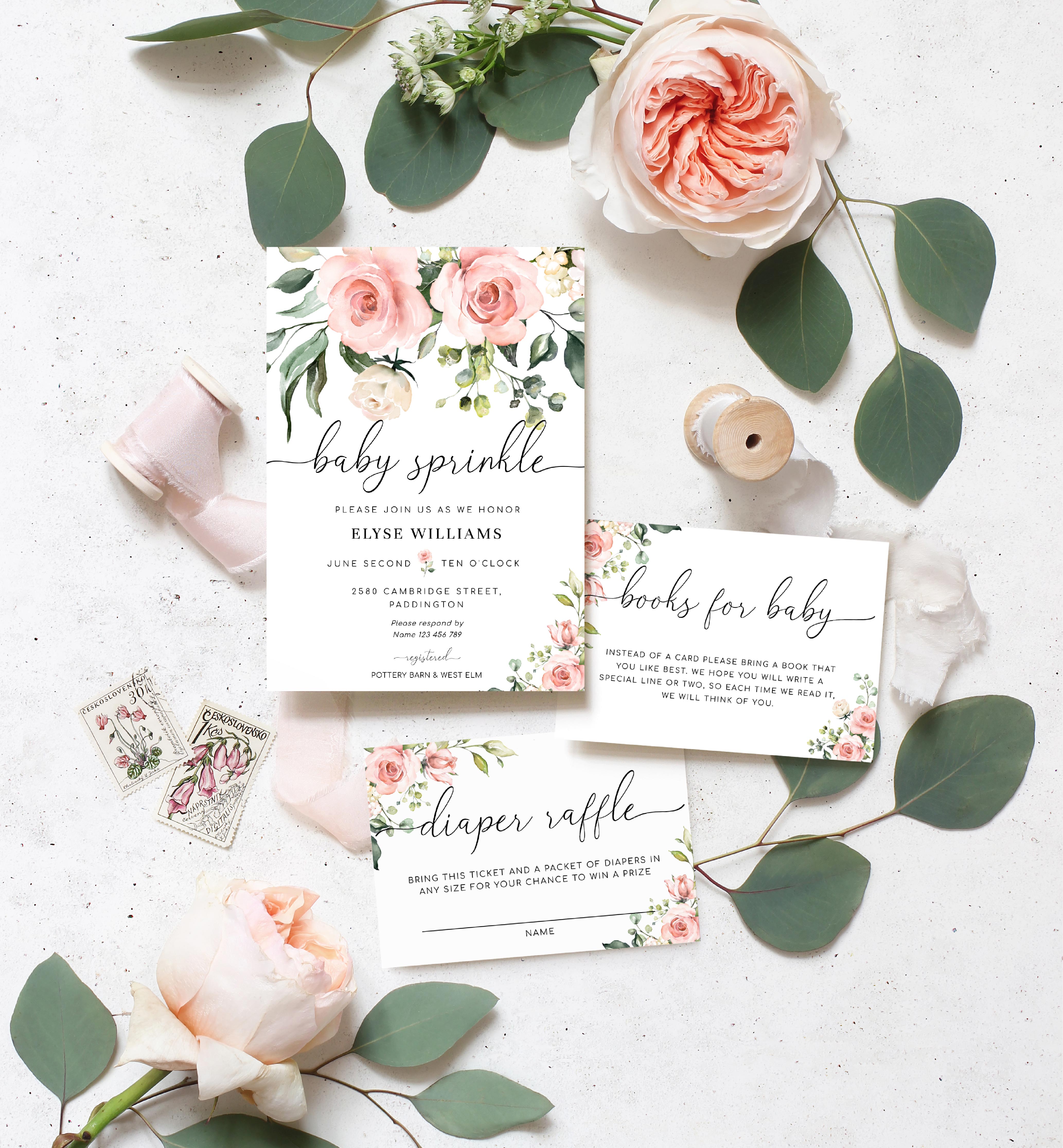 DAR-PNK-1-B1218 - DARCY FLORAL - PINK - BABY SPRINKLE INVITATION SUITE design preview
