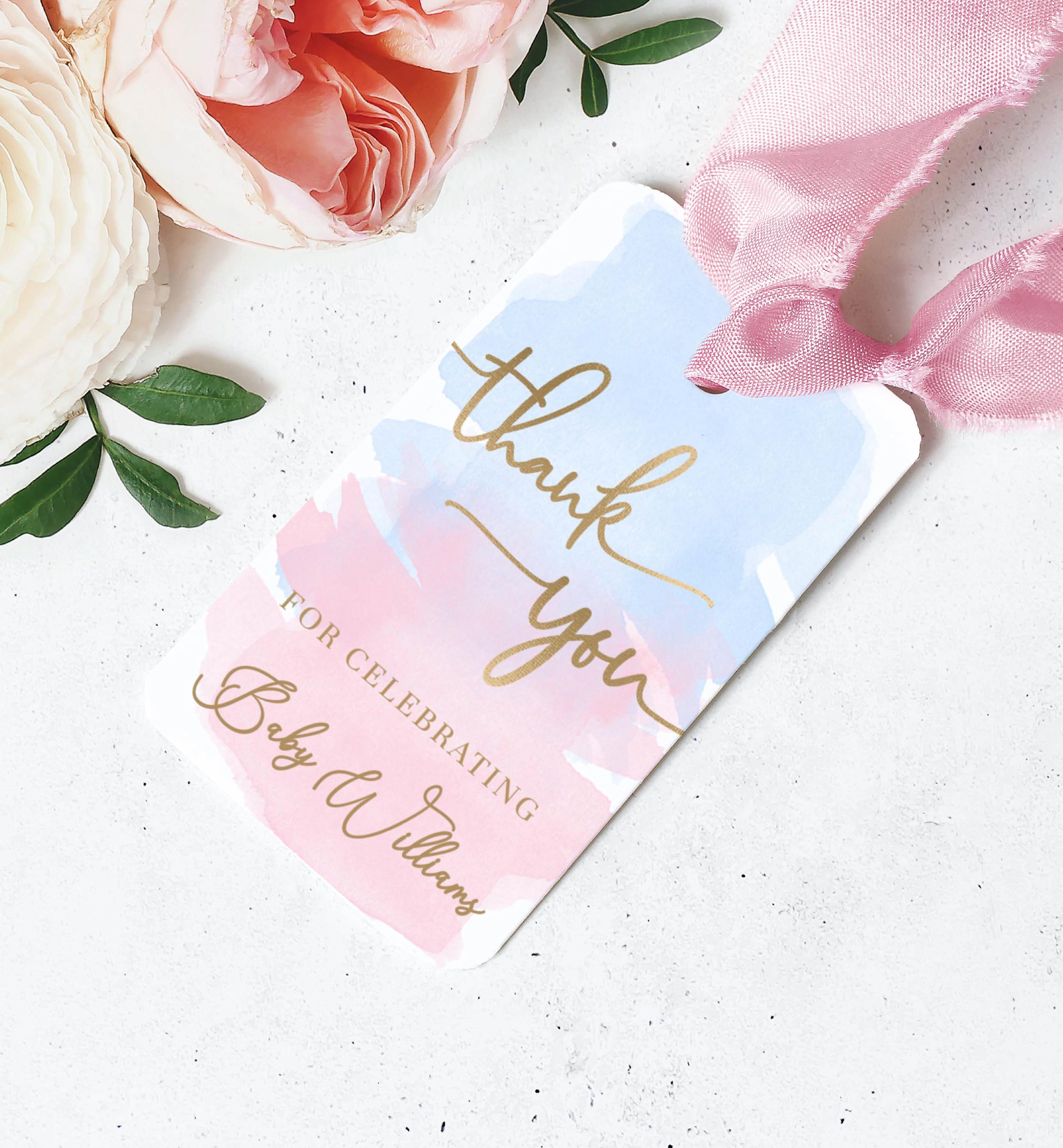 WAT-PNB-6-B329 - WATERCOLOUR PINK BLUE - GOLD FOIL - THANK YOU FAVOUR TAGS design preview