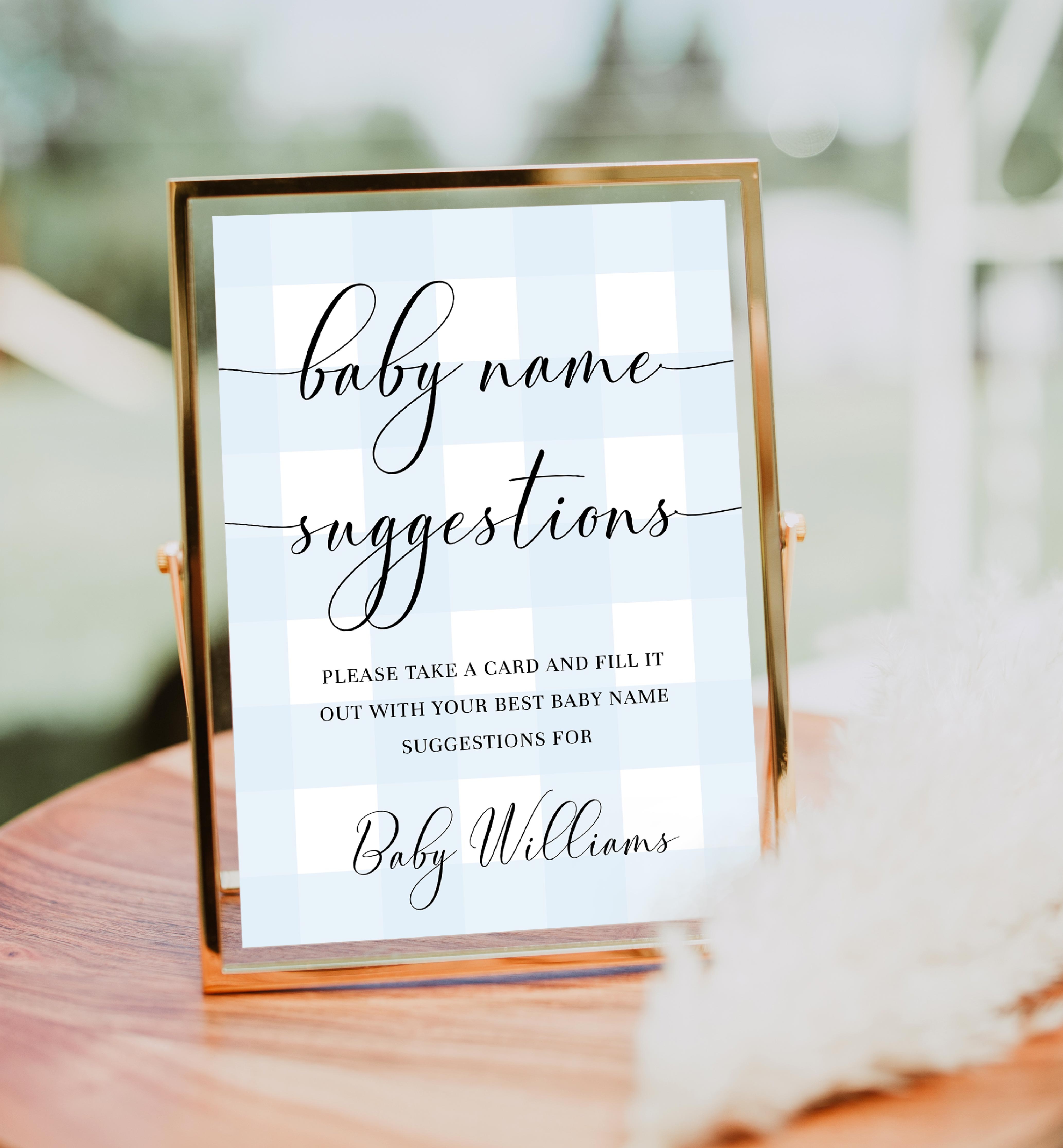 GIN-BLU-7-B2333 - GINGHAM - BLUE - BABY NAME SUGGESTIONS SIGN AND CARD design preview